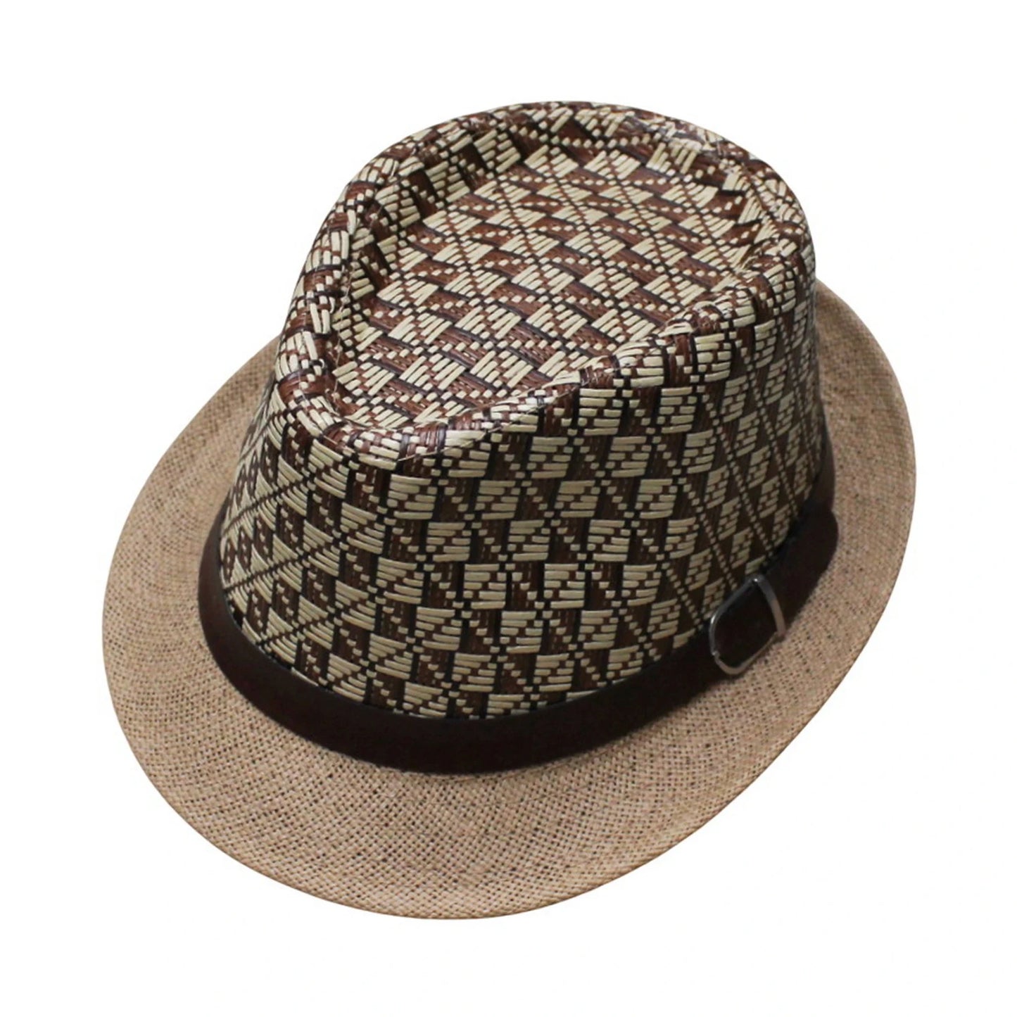 Straw Trilby Hat | Geometric Woven Crown with Dark Brown Band – Brown & Beige