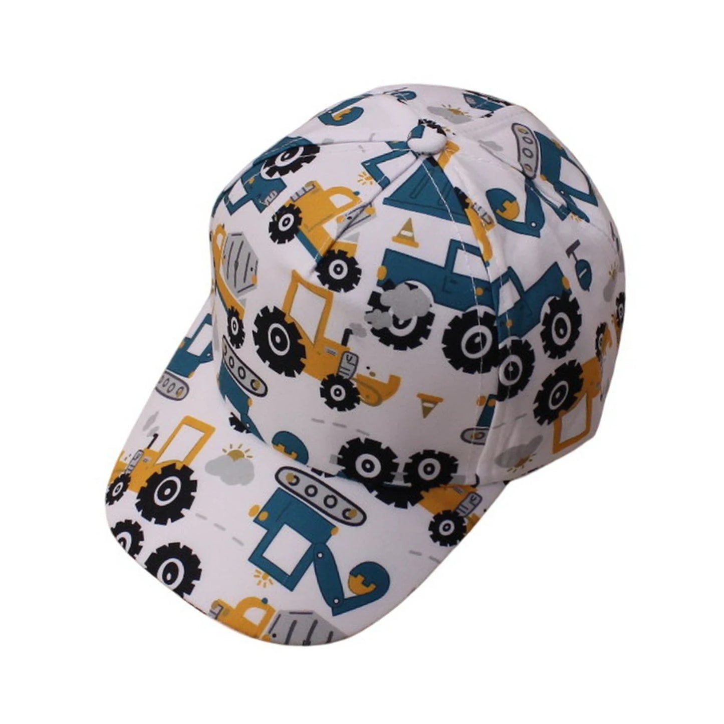 Patterned Baseball Cap | Kids Construction Vehicle Print – White