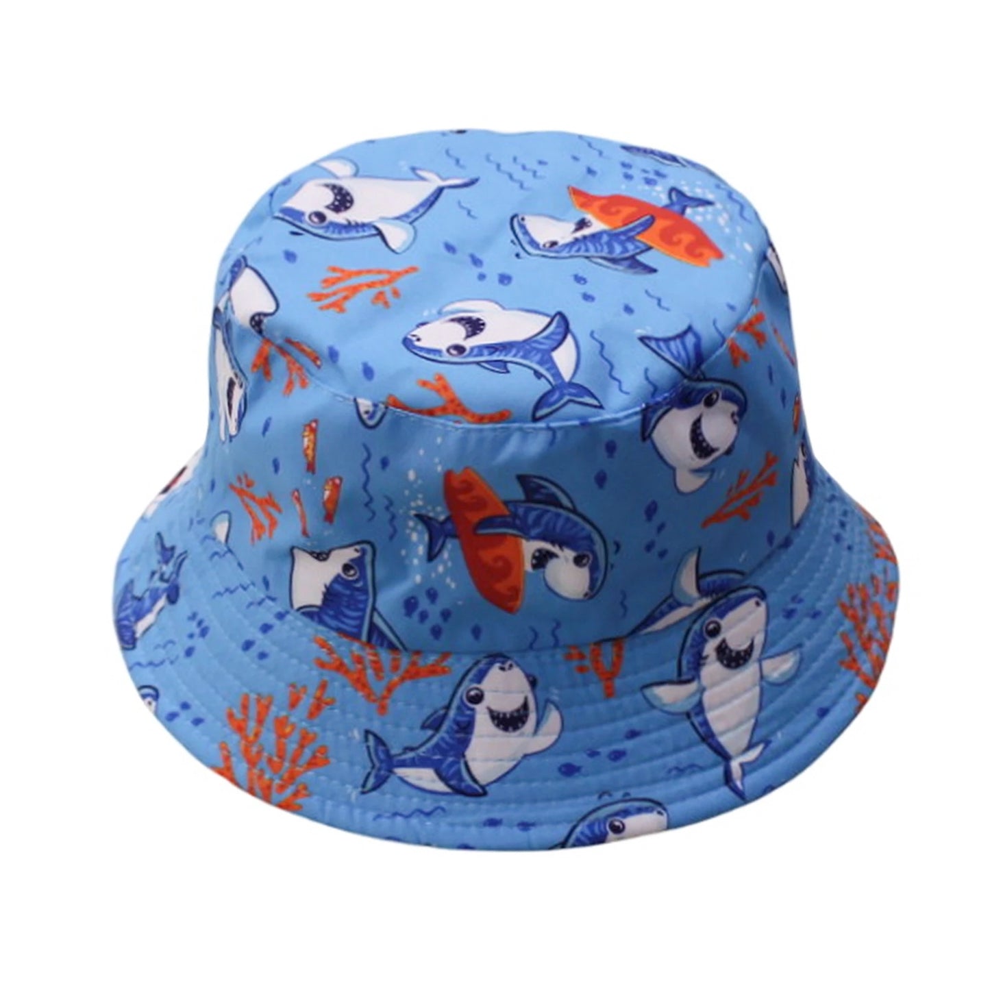 Patterned Bucket Hat | Kids Playful Kids Cartoon Shark Print – Blue