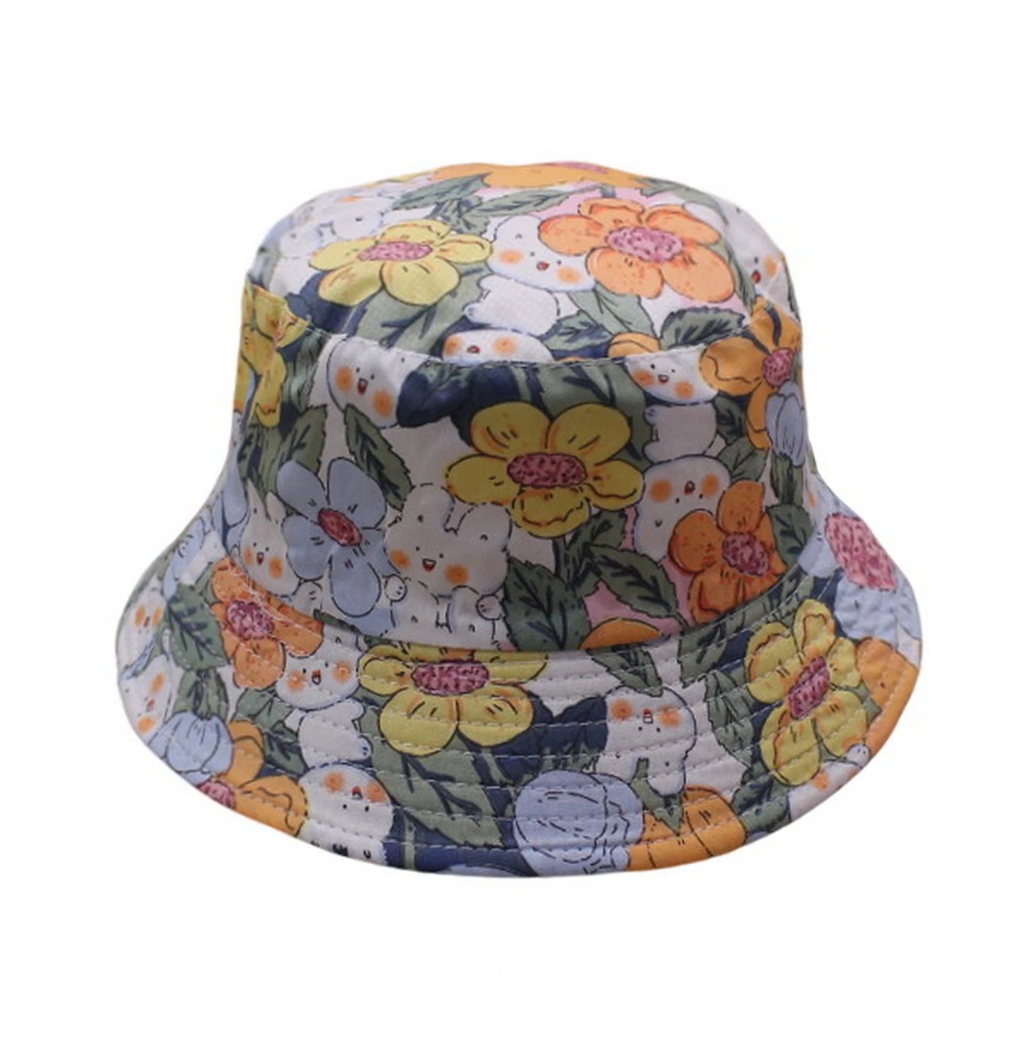 Patterned Bucket Hat | Kids Floral & Bunny Print – White