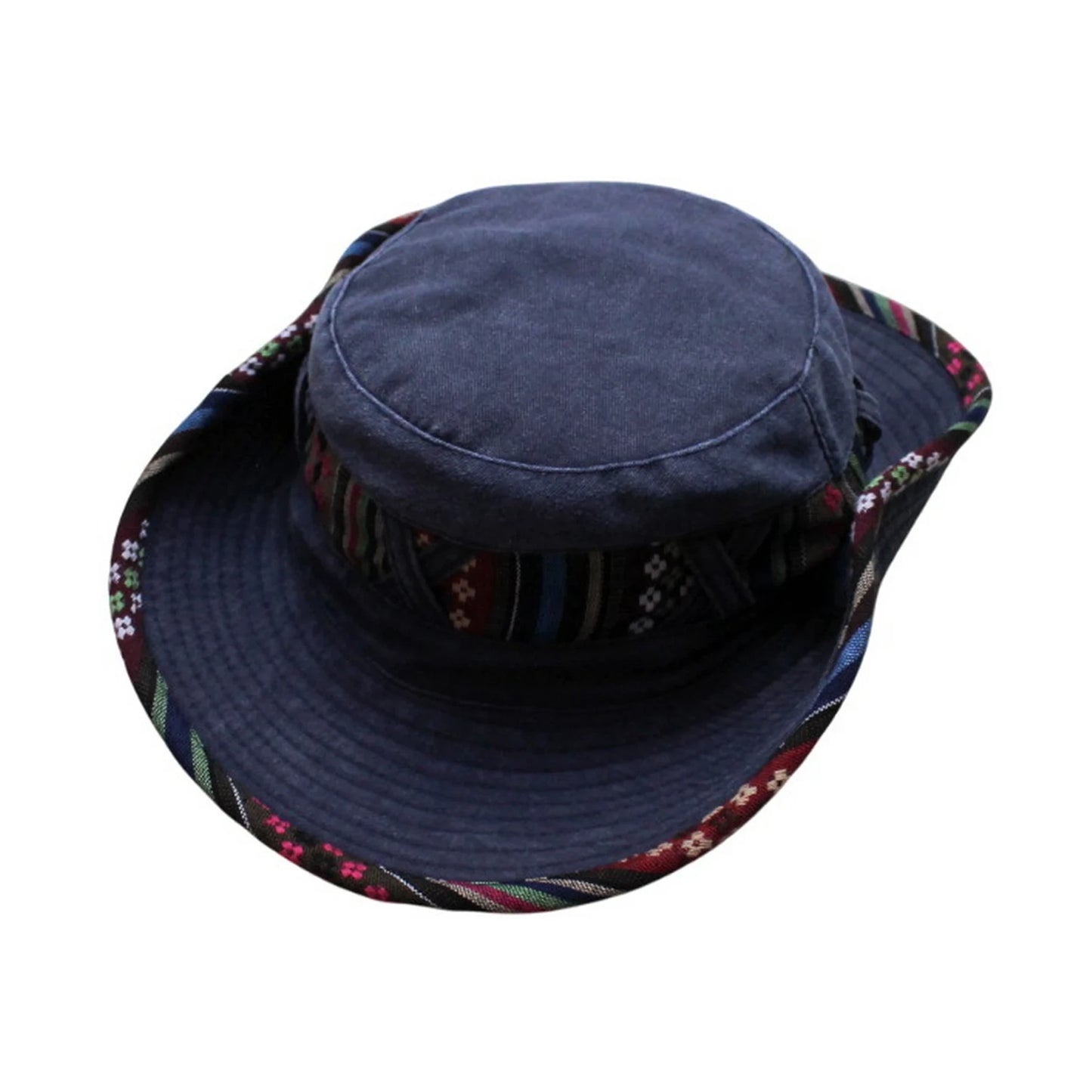 Aussie Hat | Foldable Wide-Brim Washed Denim with Ethnic Trim – Denim Blue