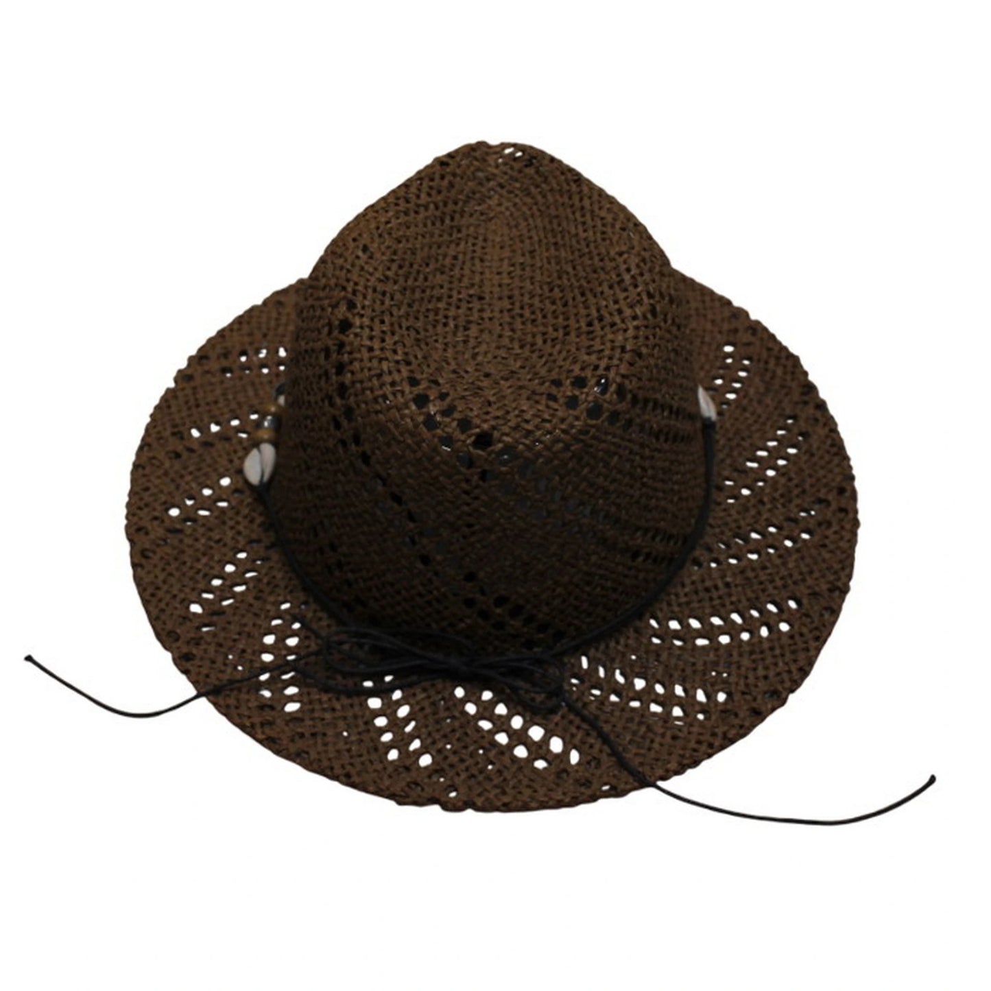 Straw Fedora Hat | Openwork Weave with Shell Bead Trim – Dark Brown