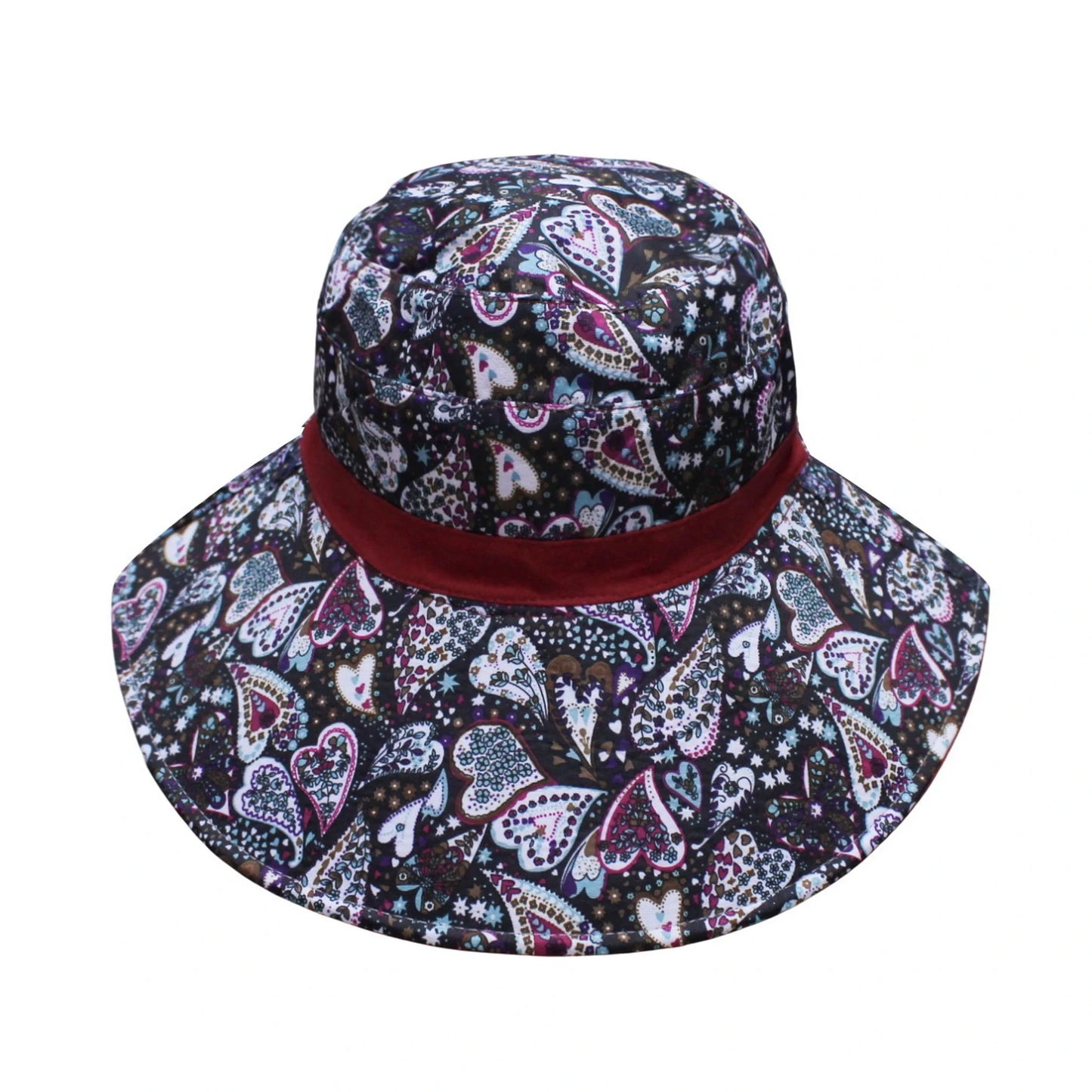Cotton Hat | Reversible Wide Brim Design with Paisley & Heart Print – Burgundy