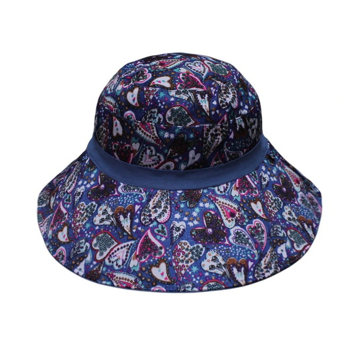 Cotton Hat | Reversible Wide Brim Design with Paisley & Heart Print – Navy Blue
