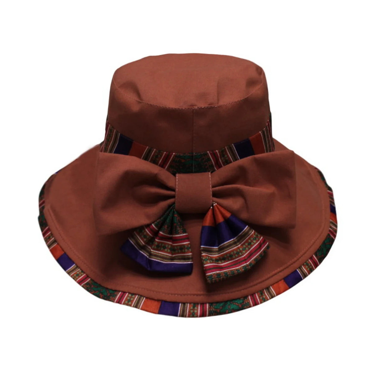 Cotton Hat | Ethnic Trim & Bow Detail – Caramel Brown