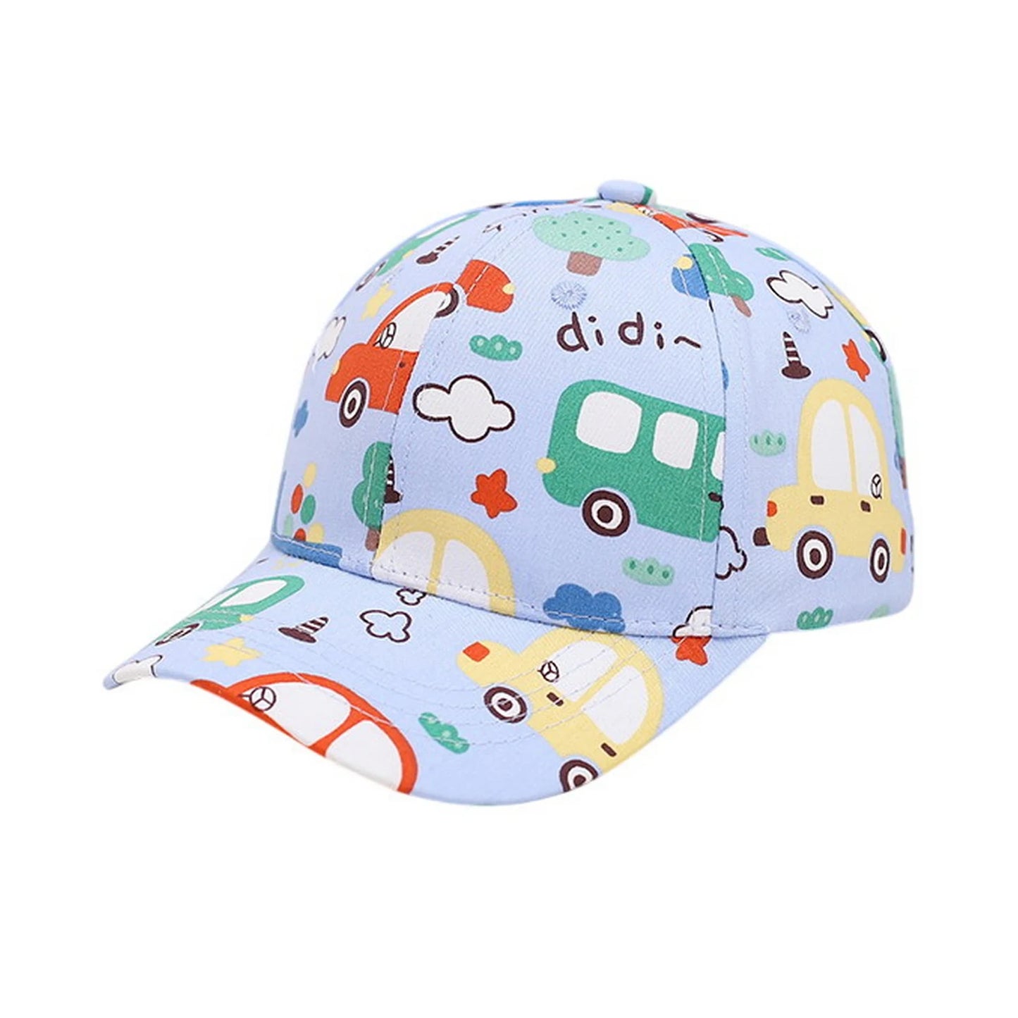 Patterned Baseball Cap | Kids Cartoon Car Print – Light Blue