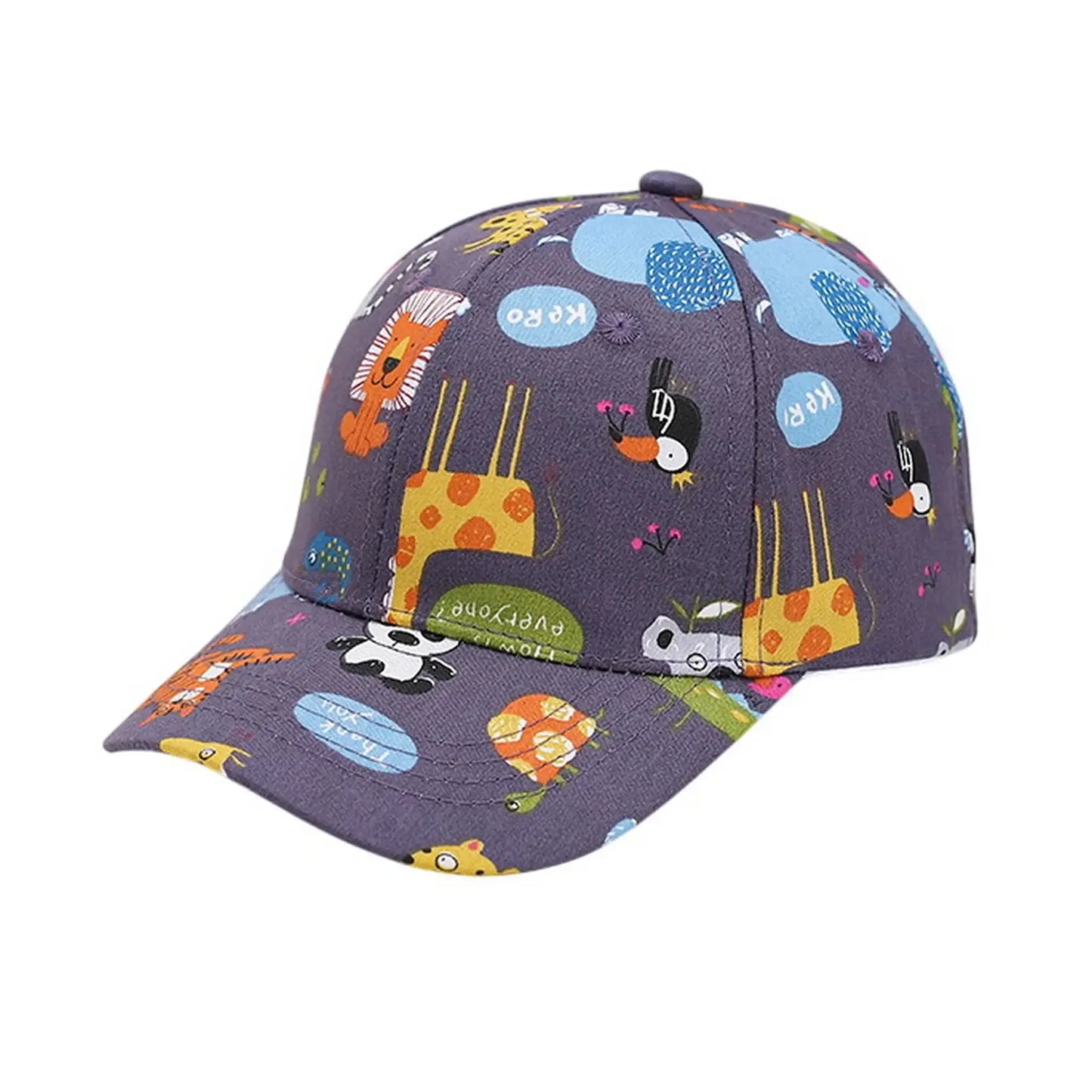 Patterned Baseball Cap | Kids Cartoon Zoo Animal Print – Charcoal Grey