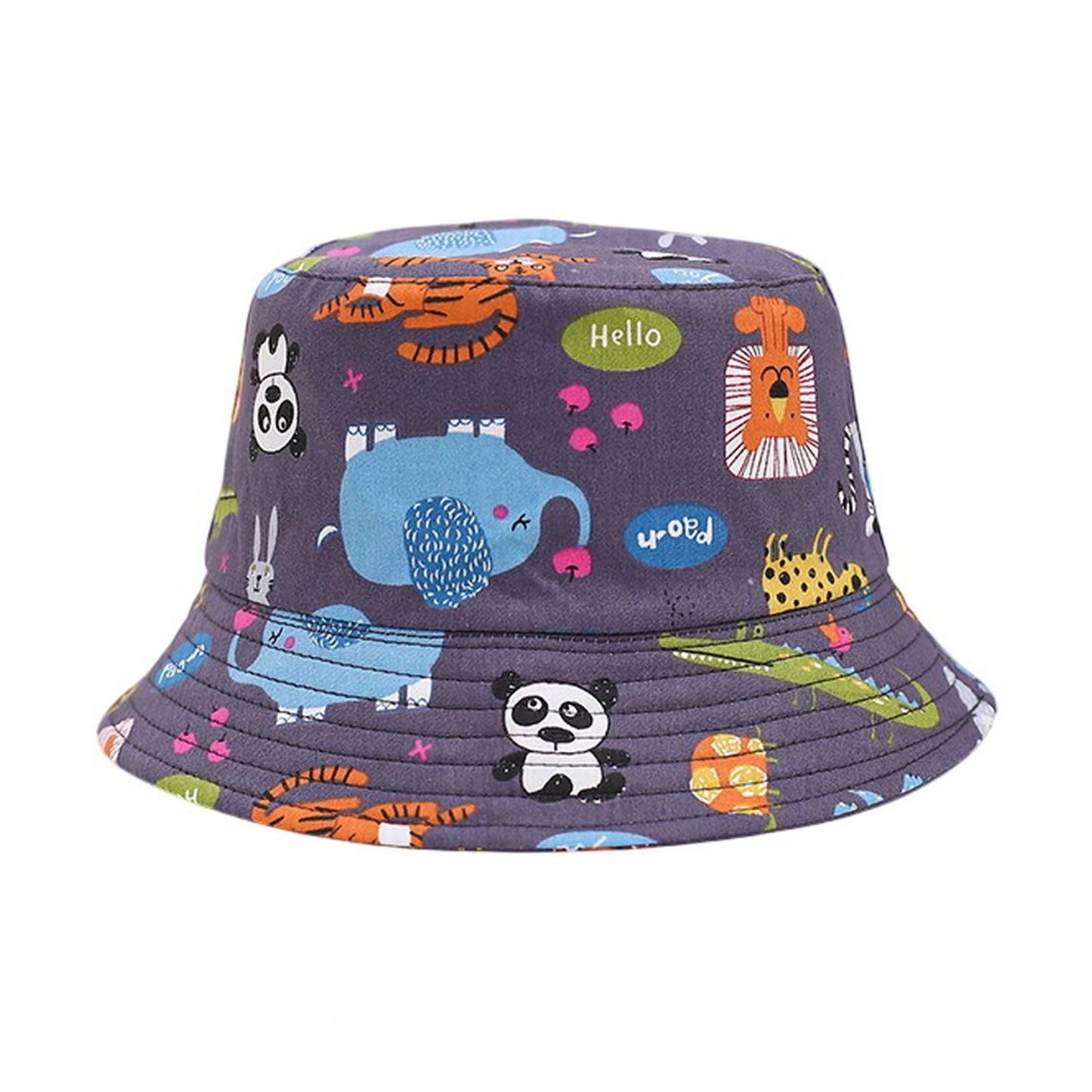 Patterned Bucket Hat | Kids Cartoon Zoo Animal Print – Charcoal Grey