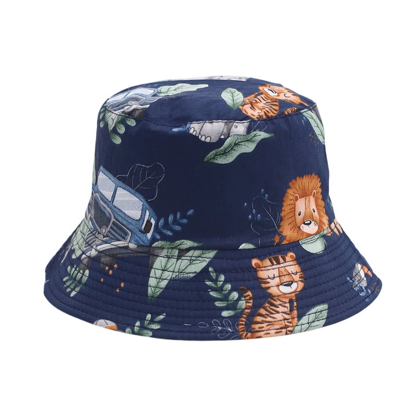 Patterned Bucket Hat | Kids Safari Adventure Print – Navy Blue