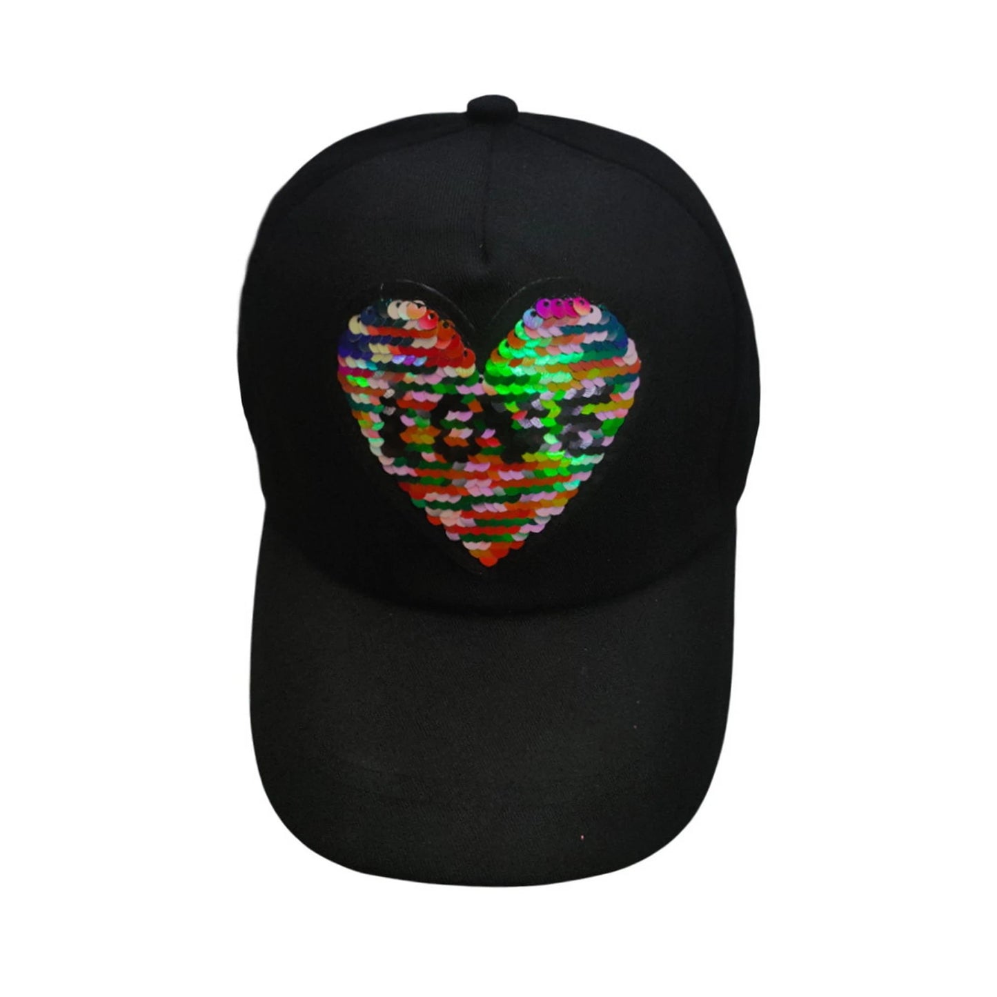 Patterned Baseball Cap | Kids Iridescent Sequin Heart – Black