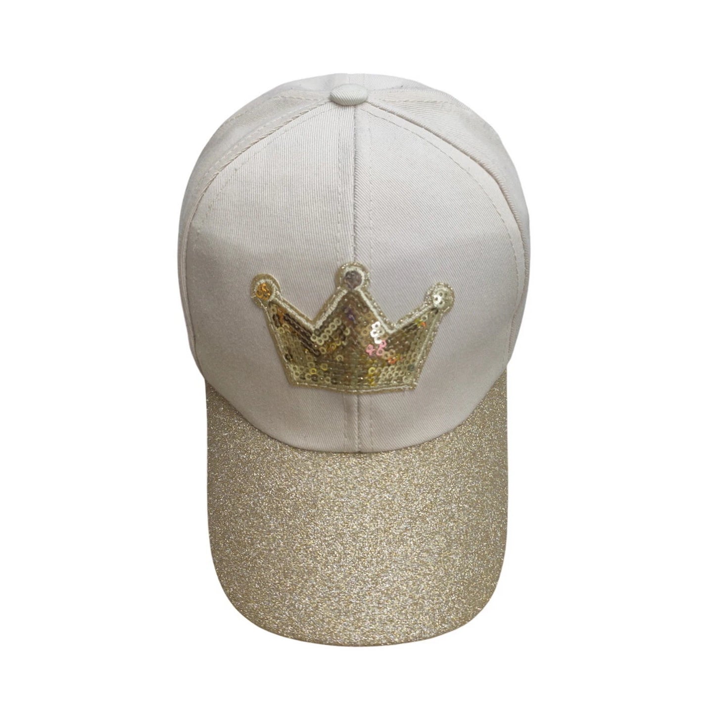 Patterned Baseball Cap | Kids Sequin Crown Glitter Brim – Beige