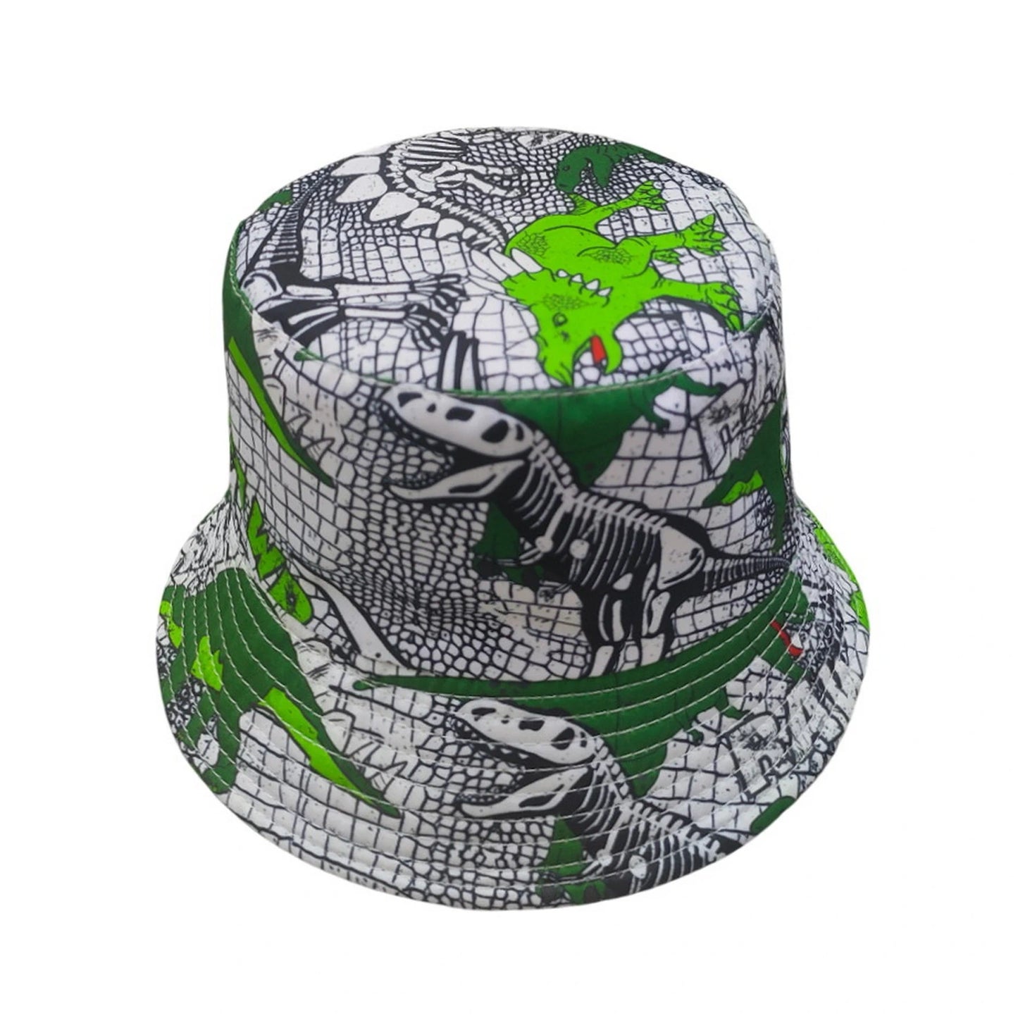 Patterned Bucket Hat | Kids Dinosaur Fossil Print – White & Green