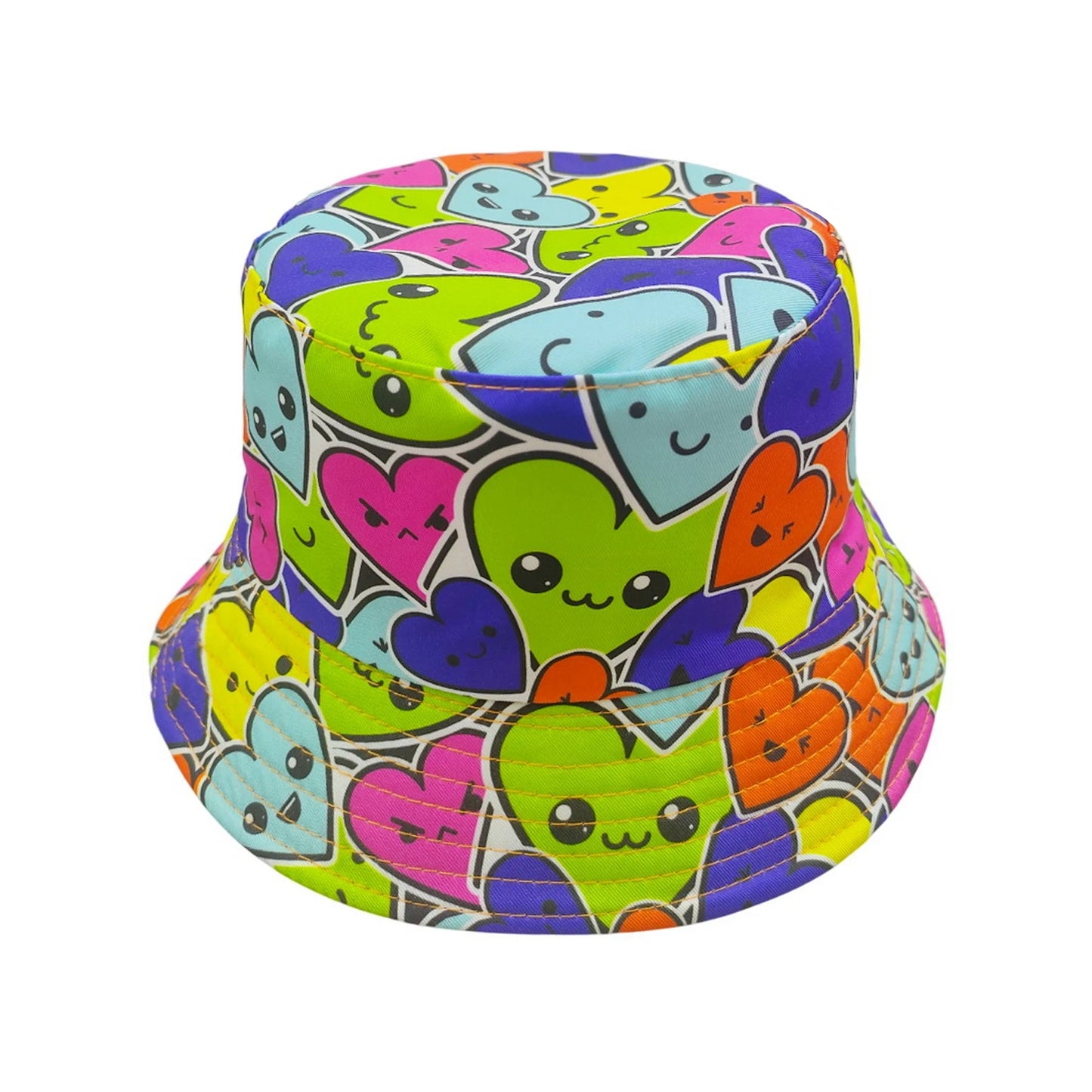 Patterned Bucket Hat | Kids Neon Smiley Heart Print – Multicolour