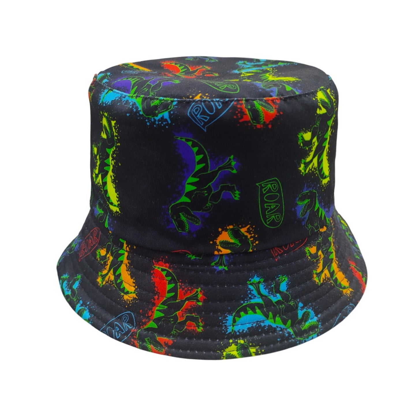 Patterned Bucket Hat | Kids Neon Dinosaur Print – Black
