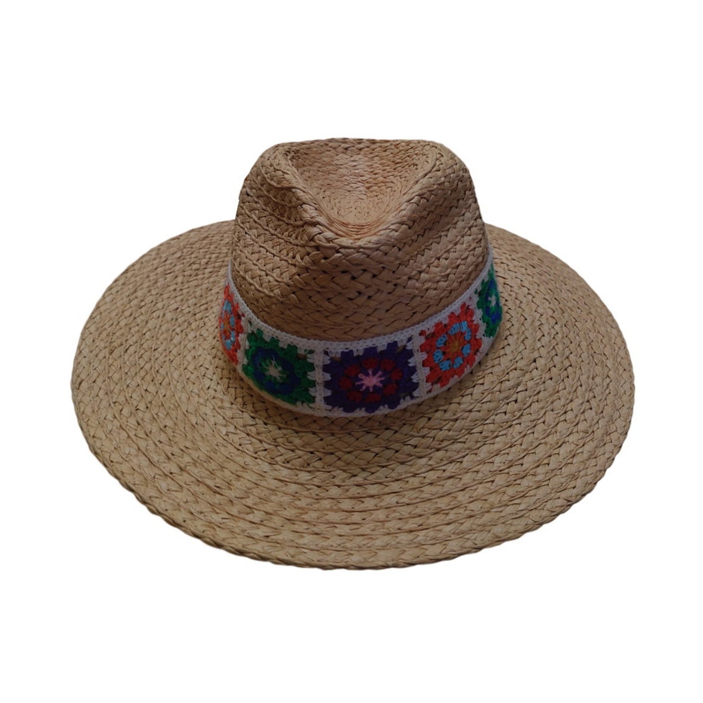 Straw Fedora Hat | Hand-Woven Paper Straw with Crochet Granny Square Trim – Natural