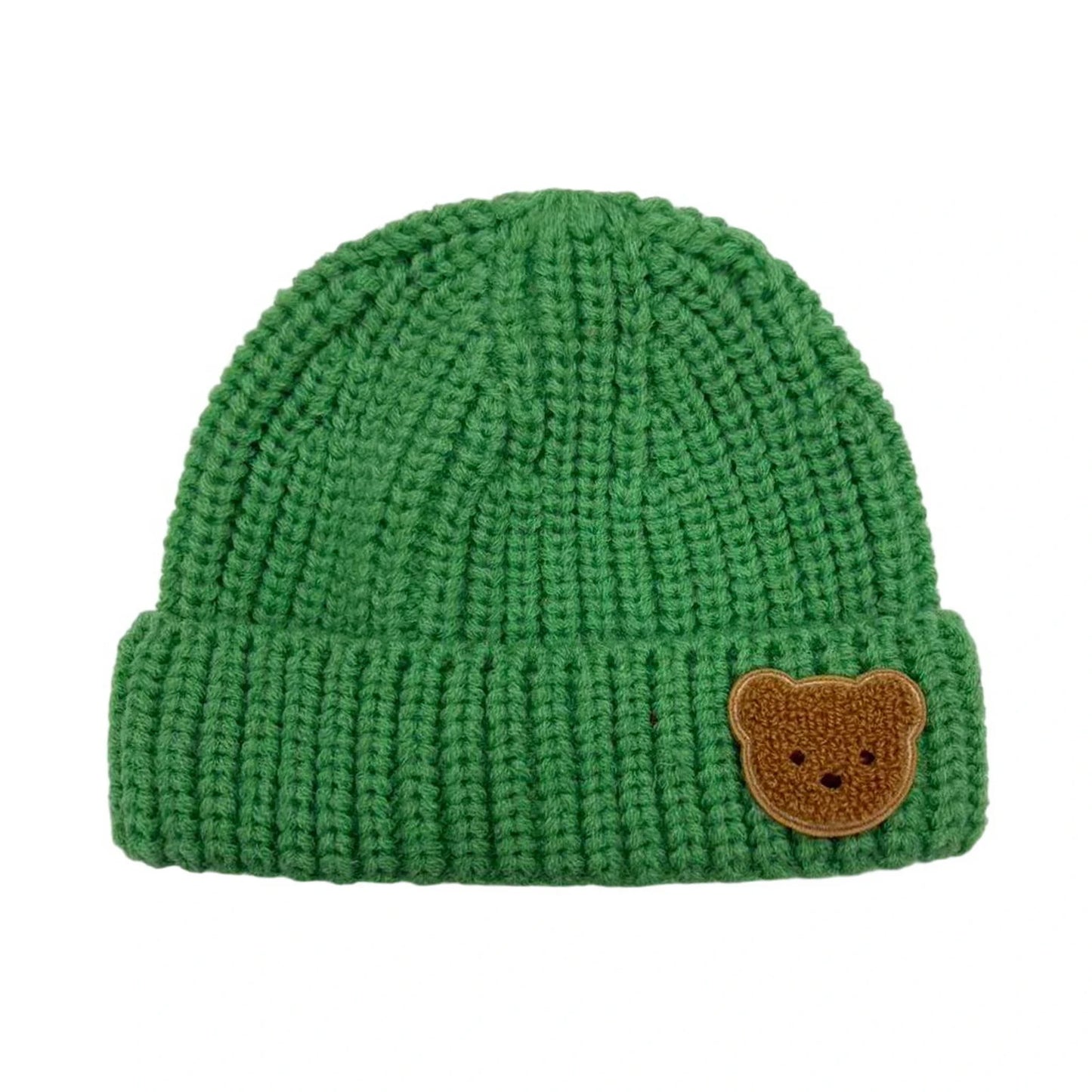 Ski Hat | Kids Bear Patch Ribbed Knit Design – Green