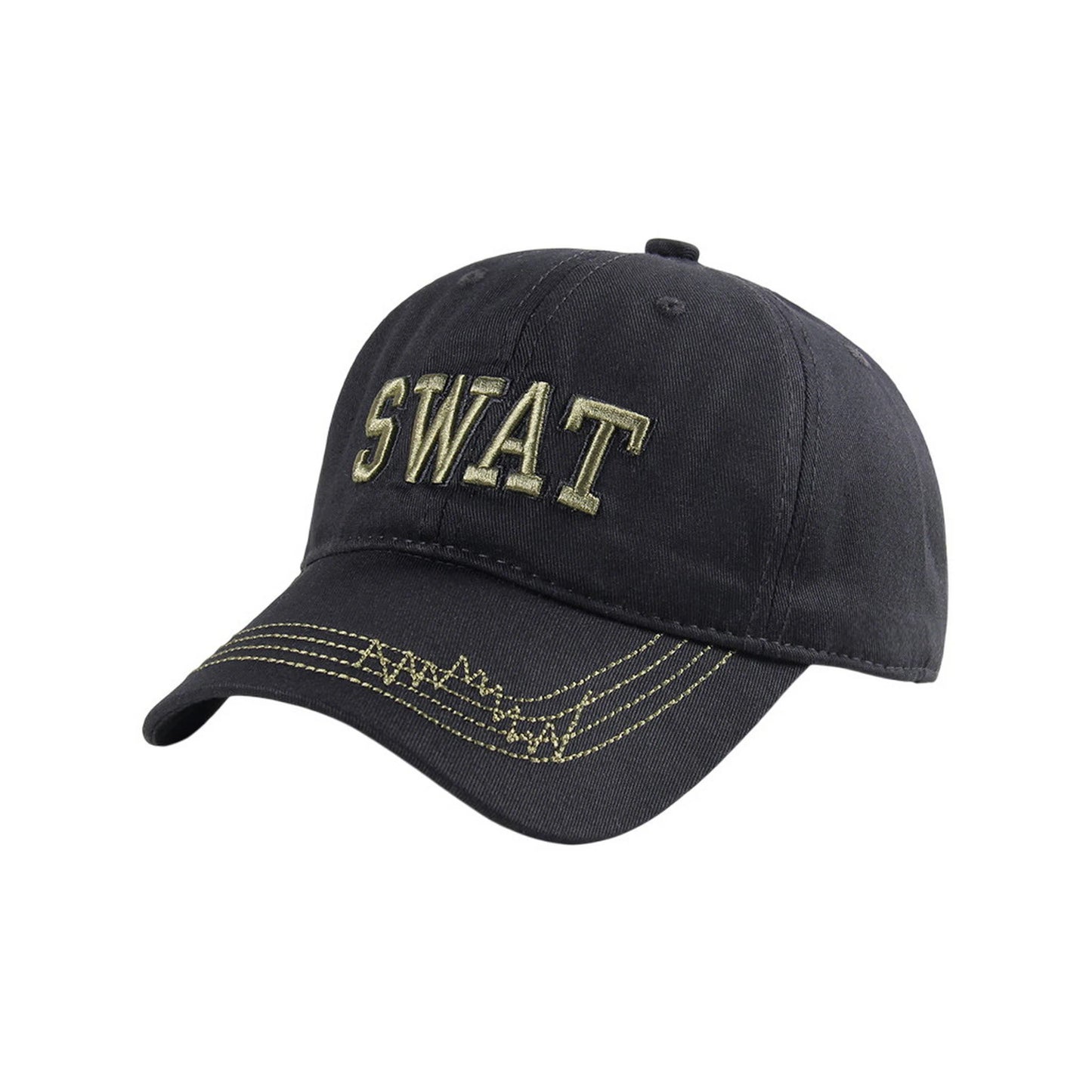 Camo Baseball Hat | SWAT Embroidered Text with Gold Stitching – Black