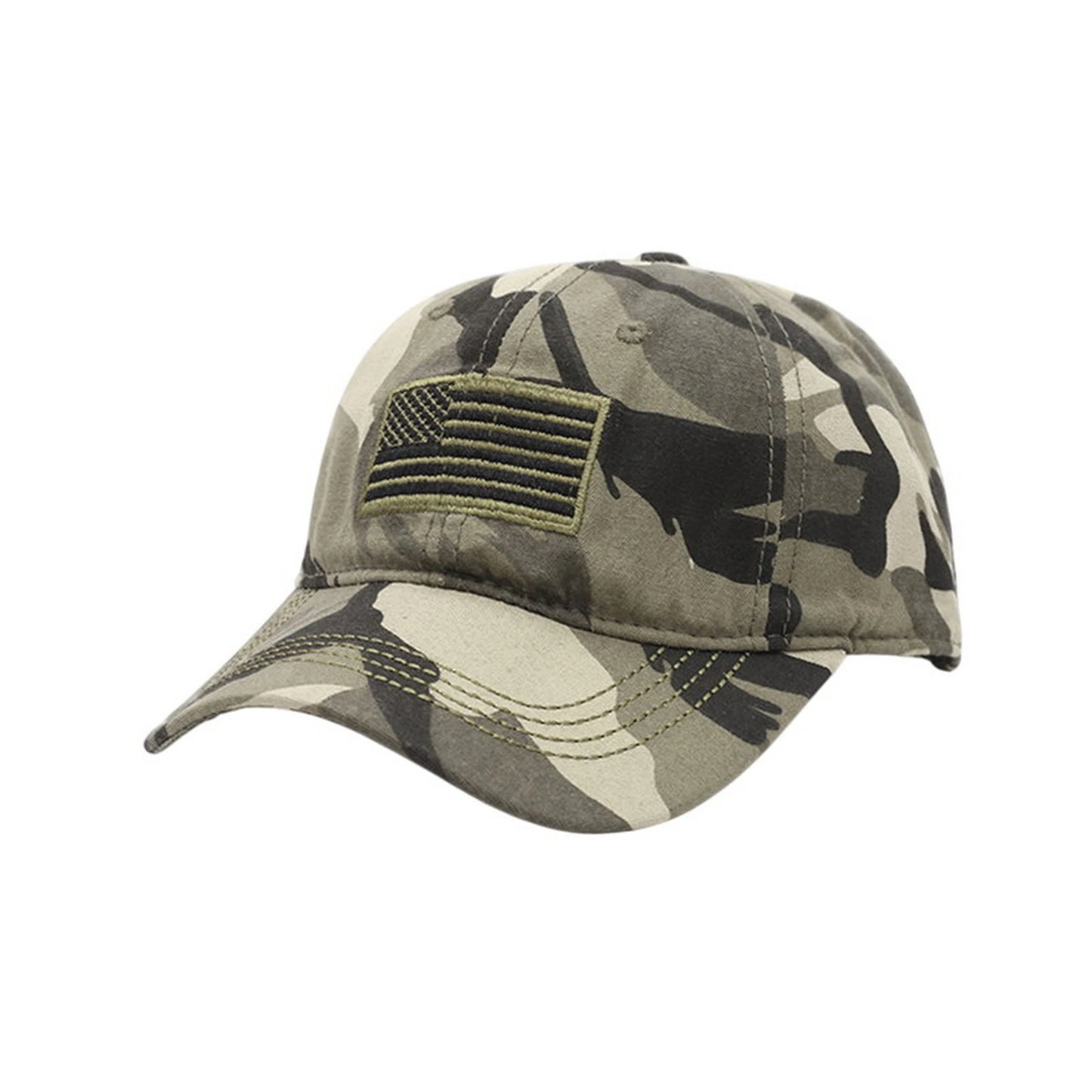 Camo Baseball Cap | US Flag Patch with Gold Stitching – Grey & Black