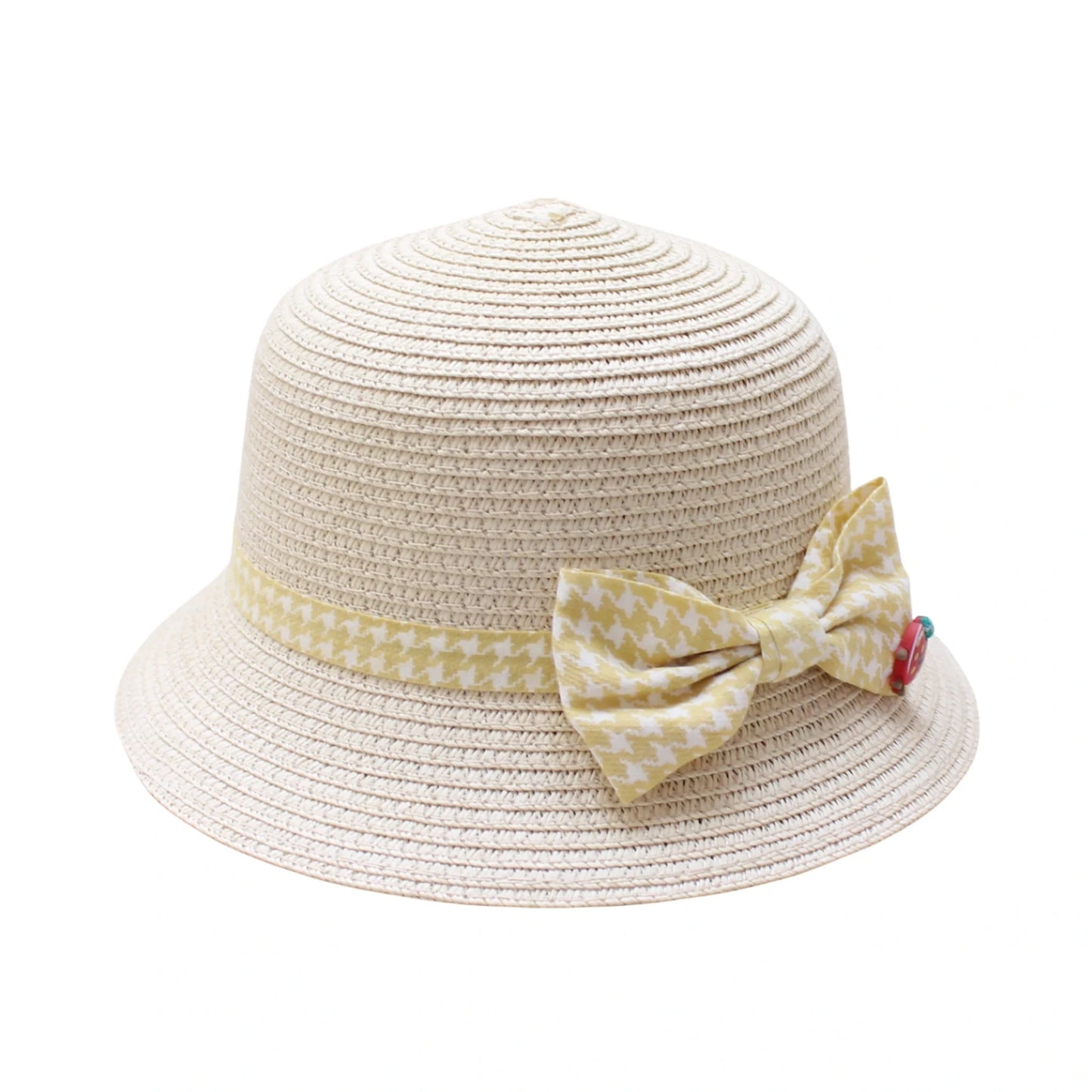 Short Brim Straw Hat | Kids Pattern Bow Detail – Cream