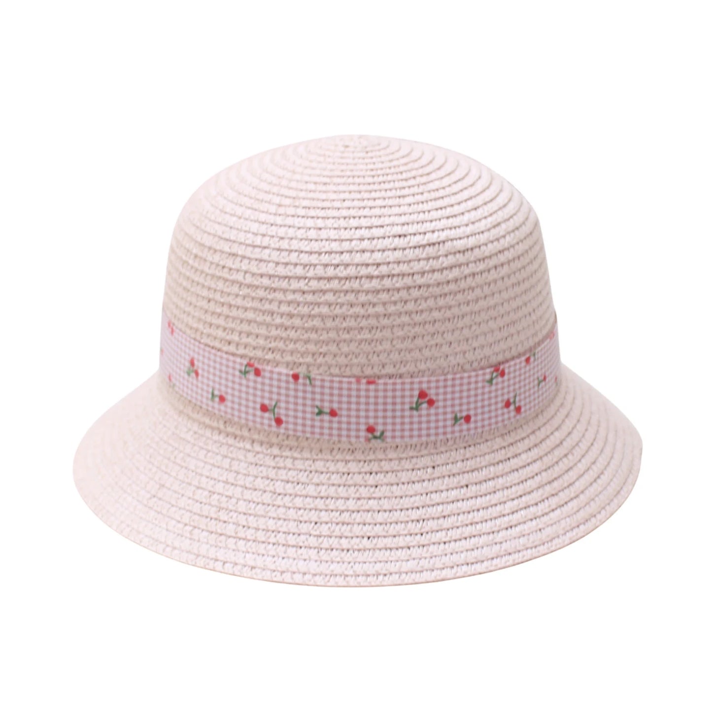 Short Brim Straw Hat | Kids Cherry Ribbon Bow – Pink