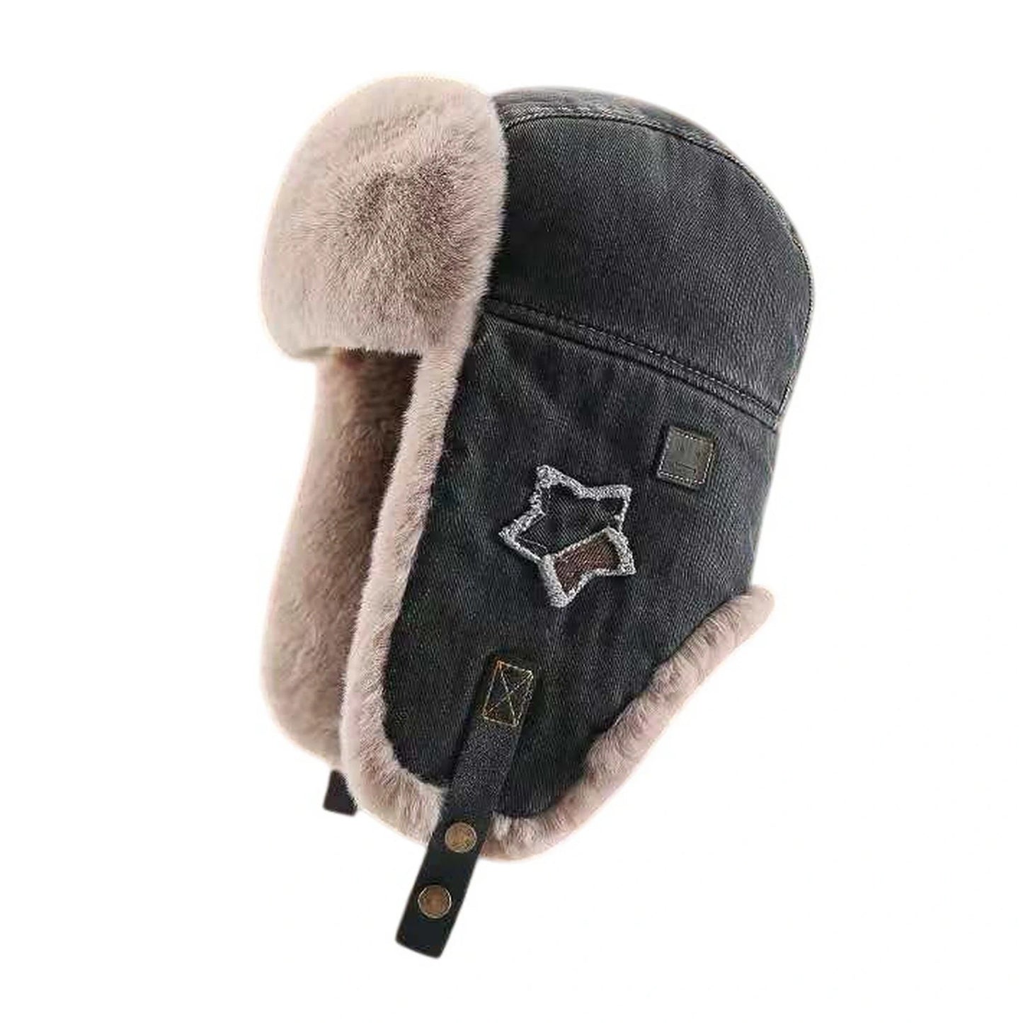 Trapper Hat | Faux Fur Ear Flap Star Patch Design – Dark Grey