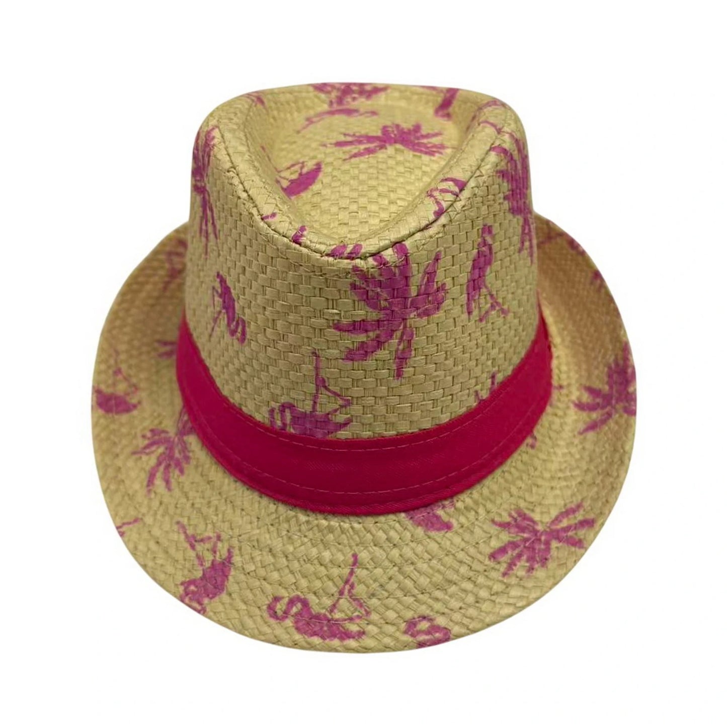 Straw Trilby Hat | Flamingo Print - Natural