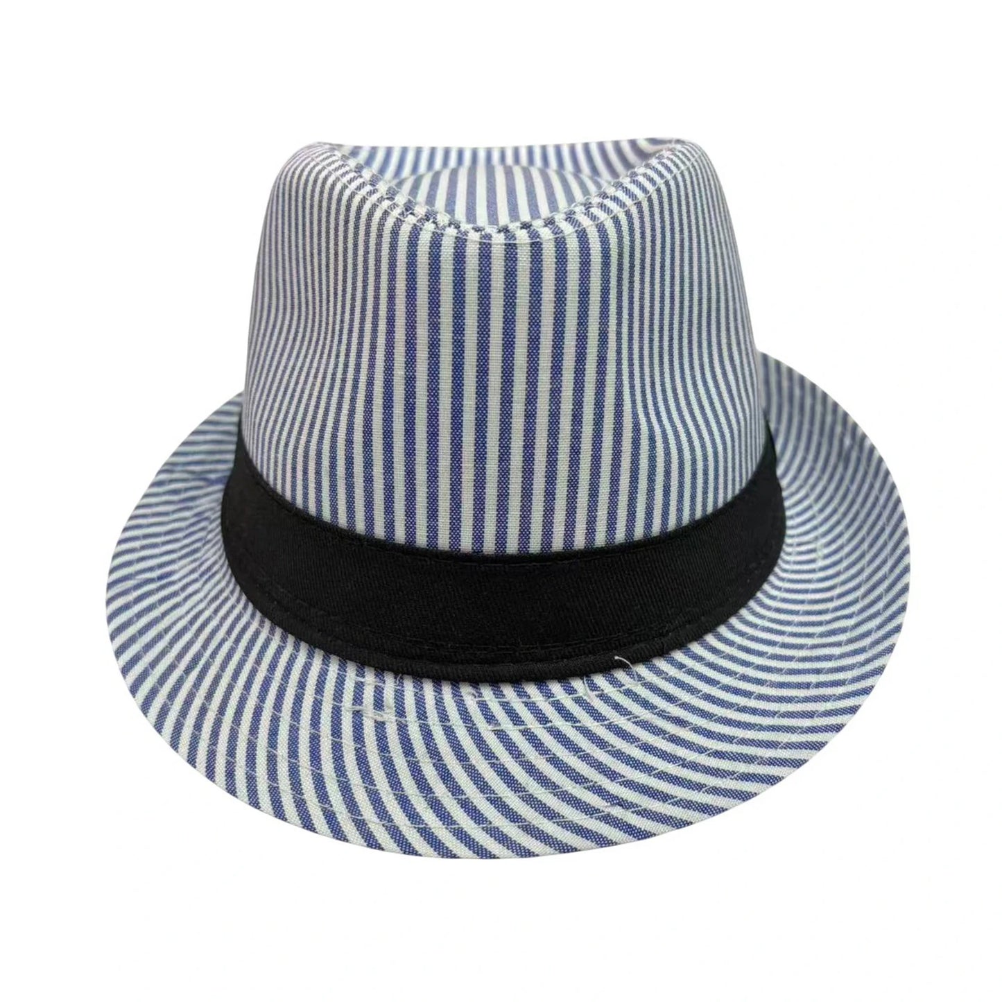 Trilby Hat | Seersucker Stripe Crown with Black Band – Blue & White