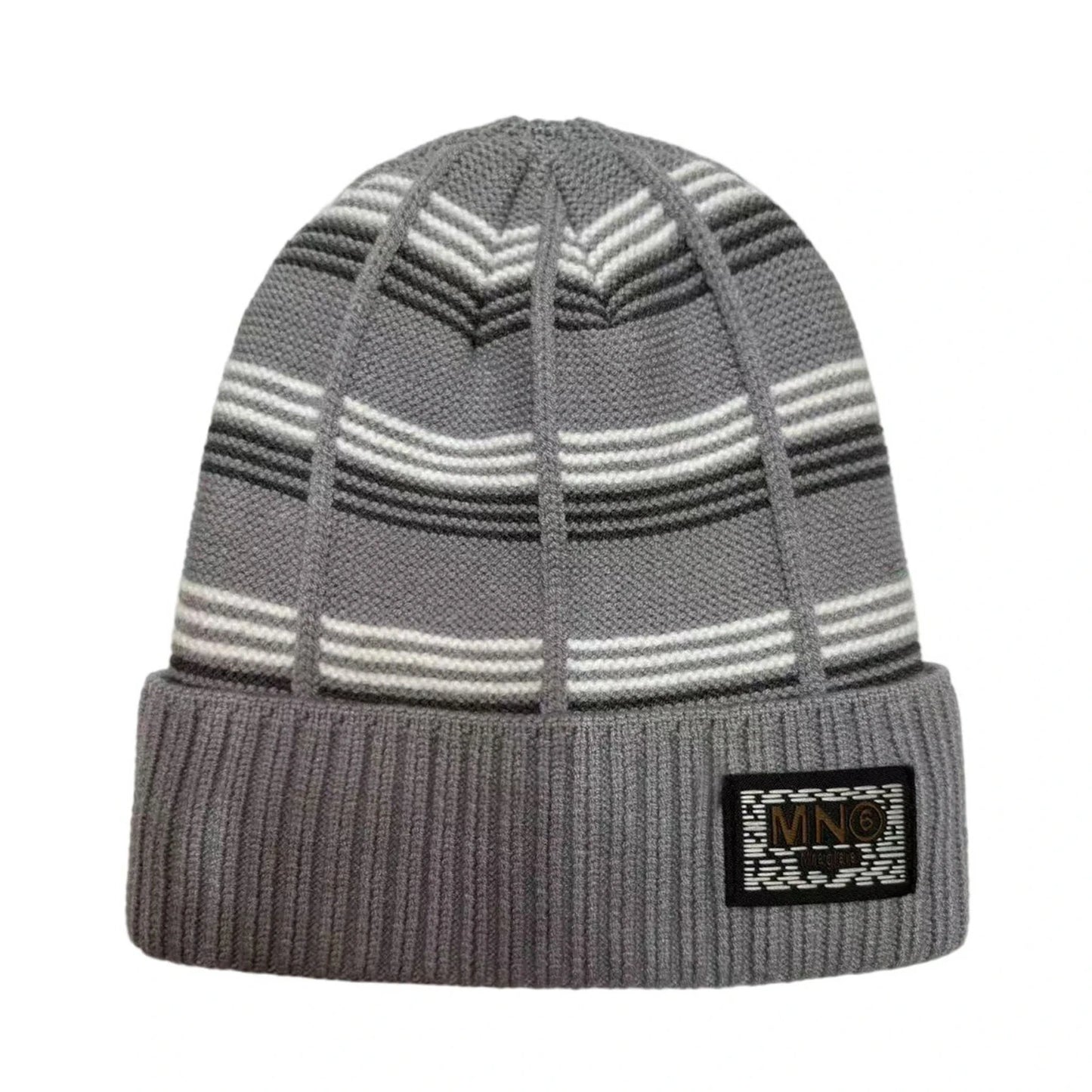 Ski Hat | Geometric Stripe Knit Cuffed Style – Grey