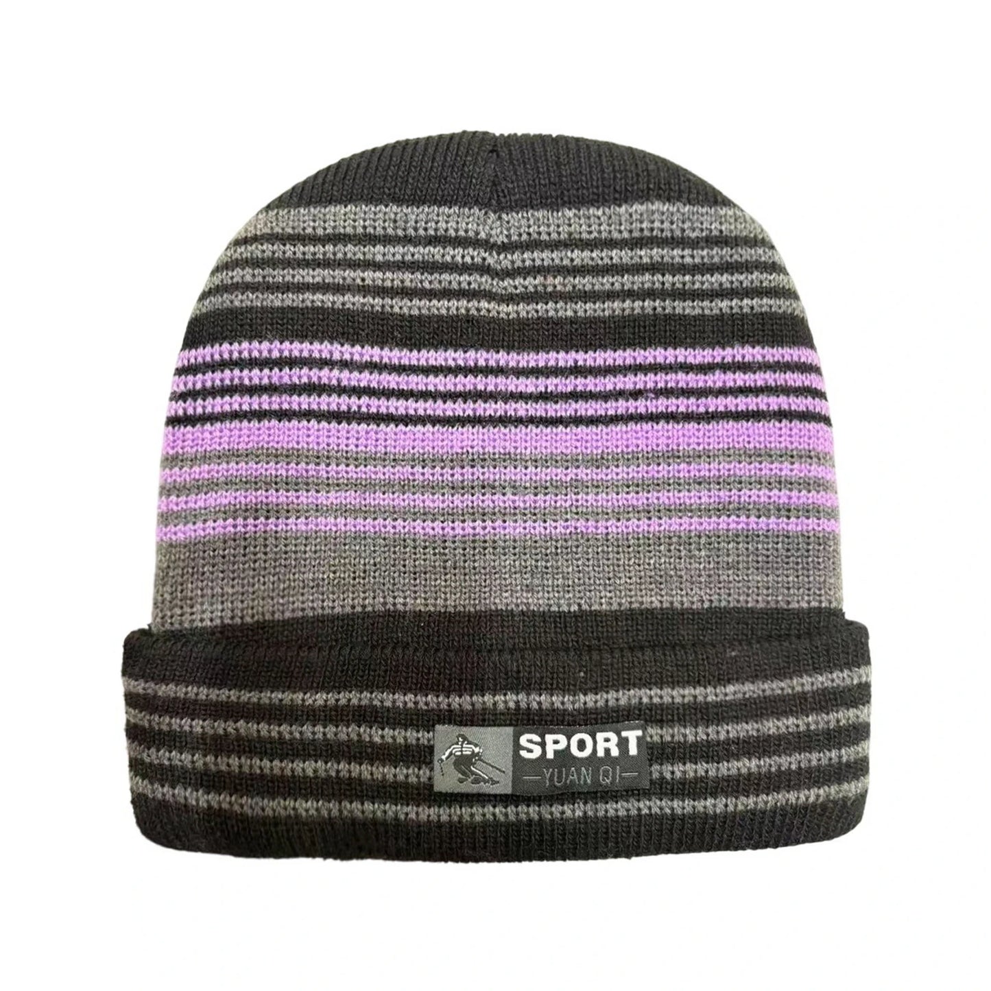 Ski Hat | Thin Stripe Knit Cuffed Style – Grey & Pink
