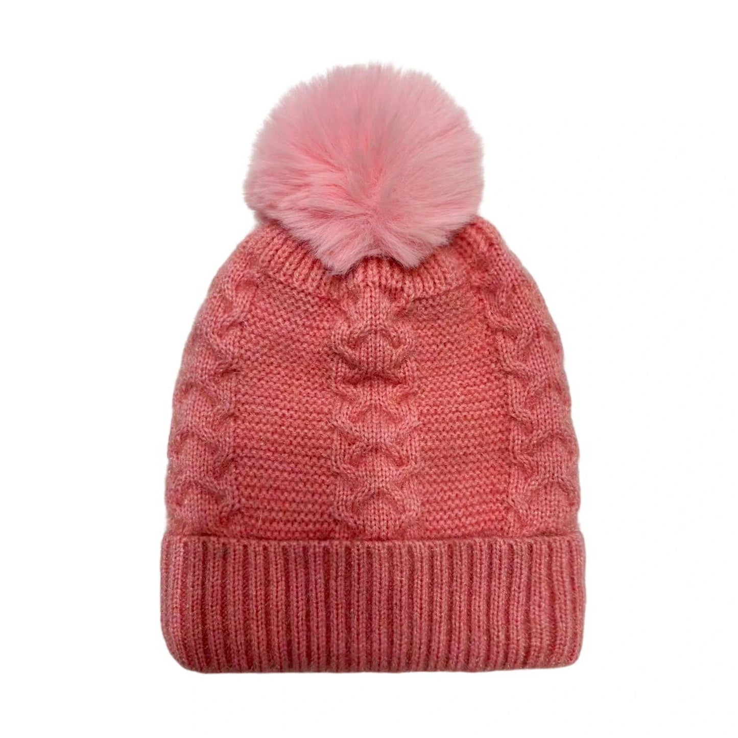 Fashion Bobble Hat | Classic Cable Knit Pom-Pom Style – Coral Pink