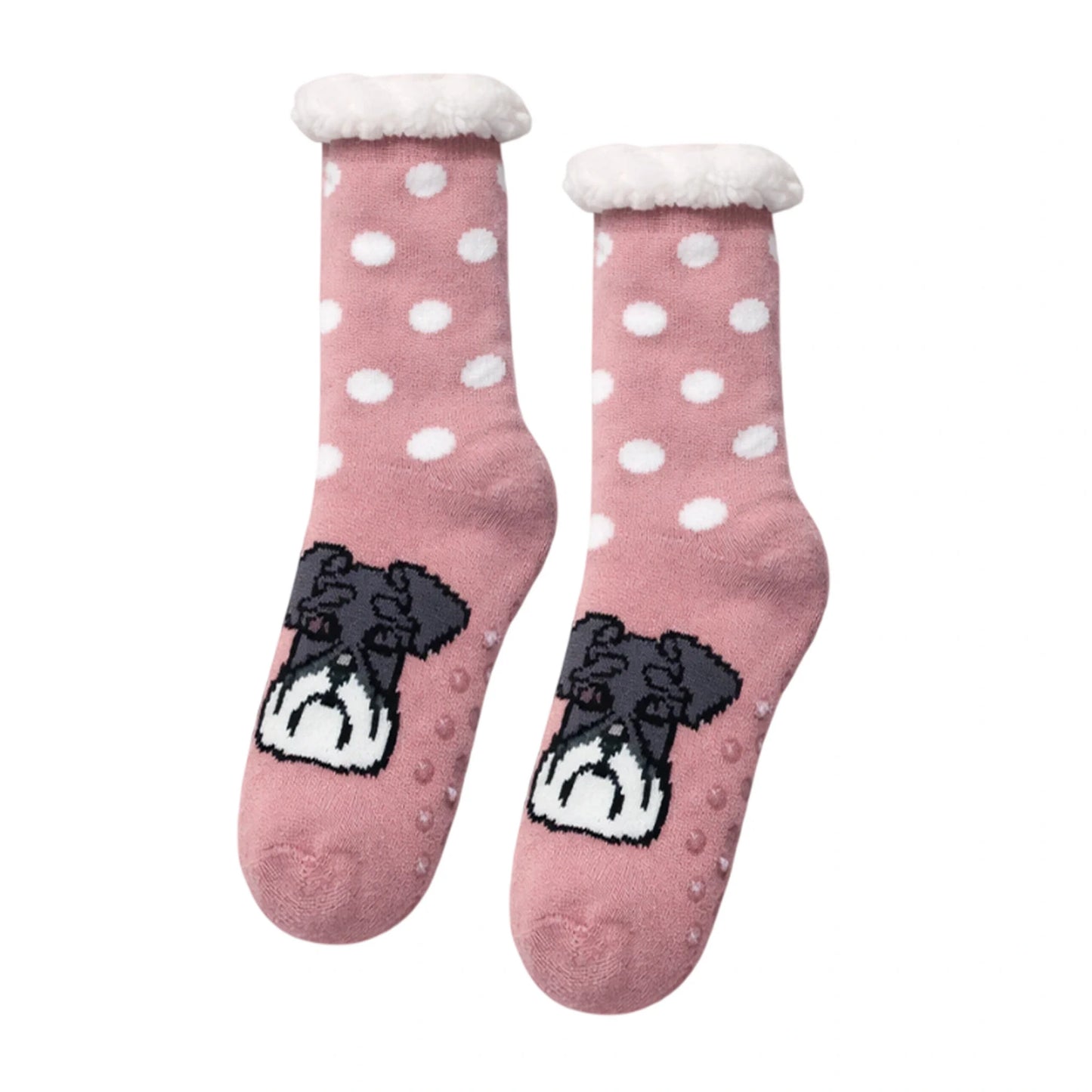 Slipper Socks | Sherpa Lined Schnauzer Polka Dot Design – Pink