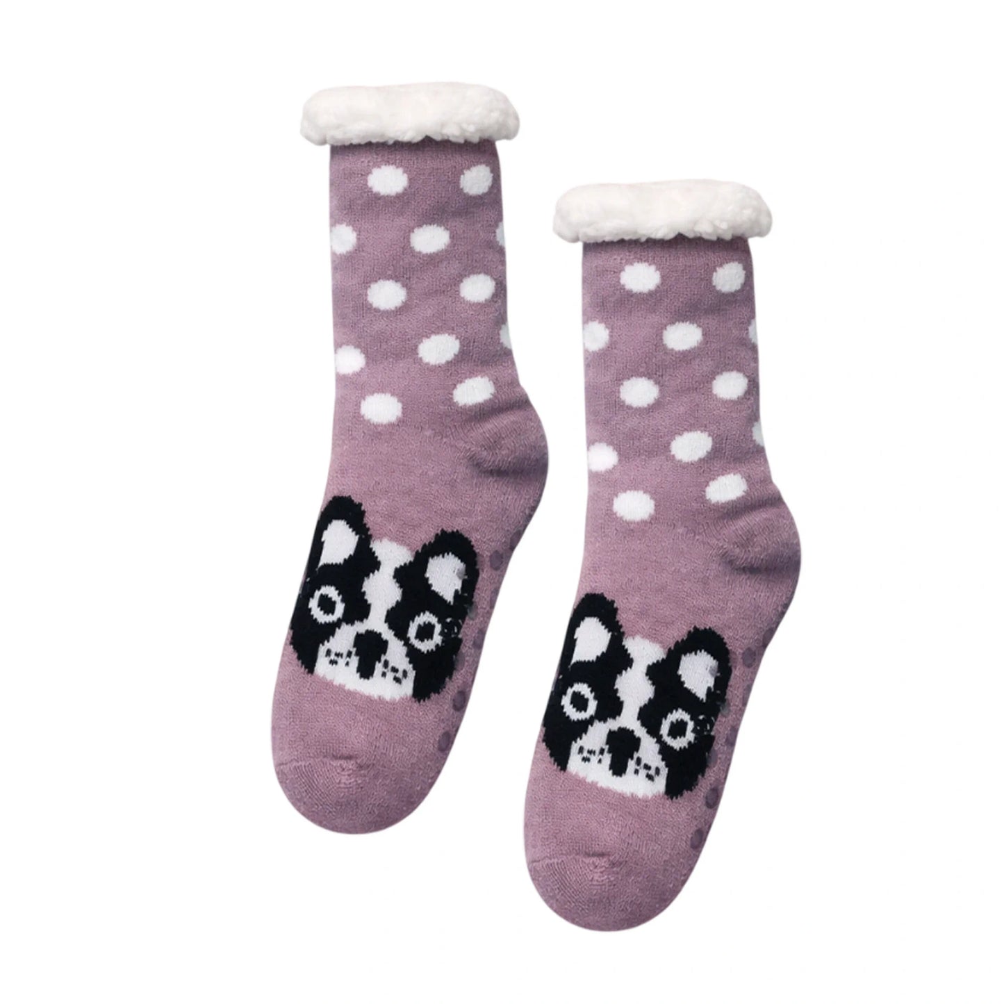 Slipper Socks | Sherpa Lined Boston Terrier Polka Dot Design – Mauve