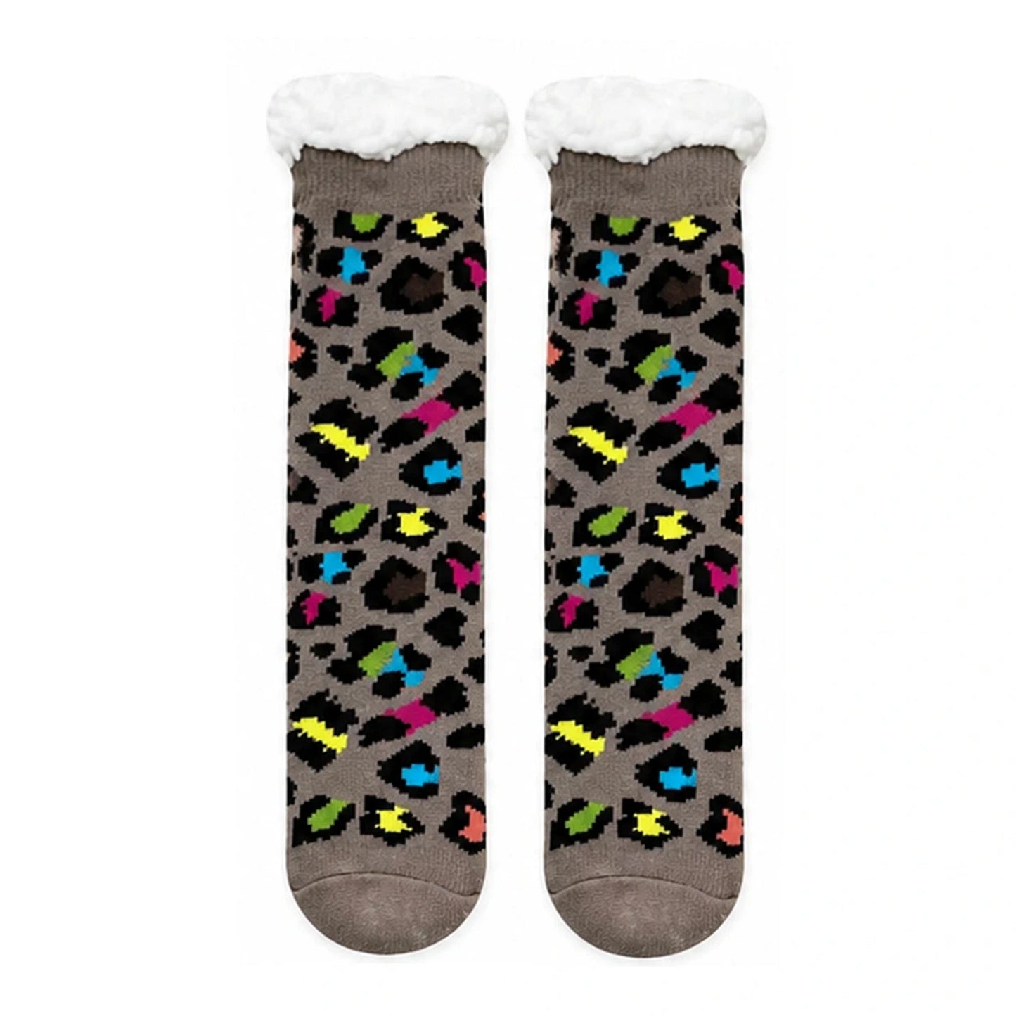 Slipper Socks | Sherpa Lined Colourful Leopard Print – Taupe