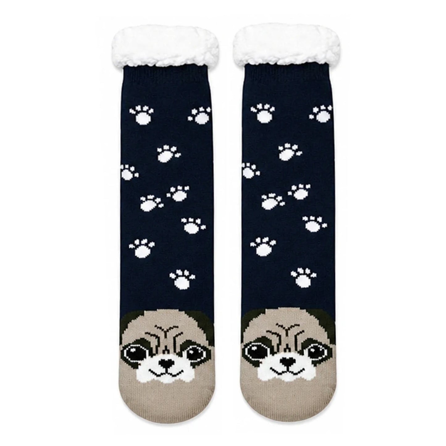 Slipper Socks | Sherpa Lined Pug Paw Print – Navy
