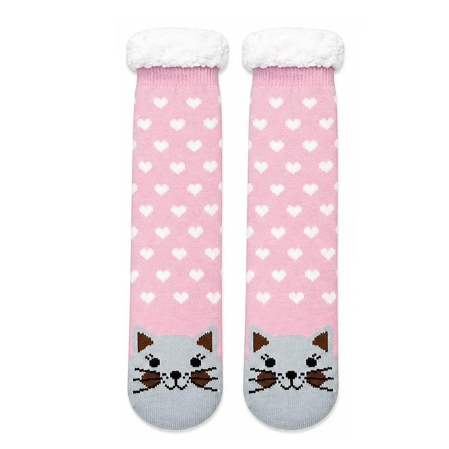 Slipper Socks | Sherpa Lined Cat Heart Pattern – Pink