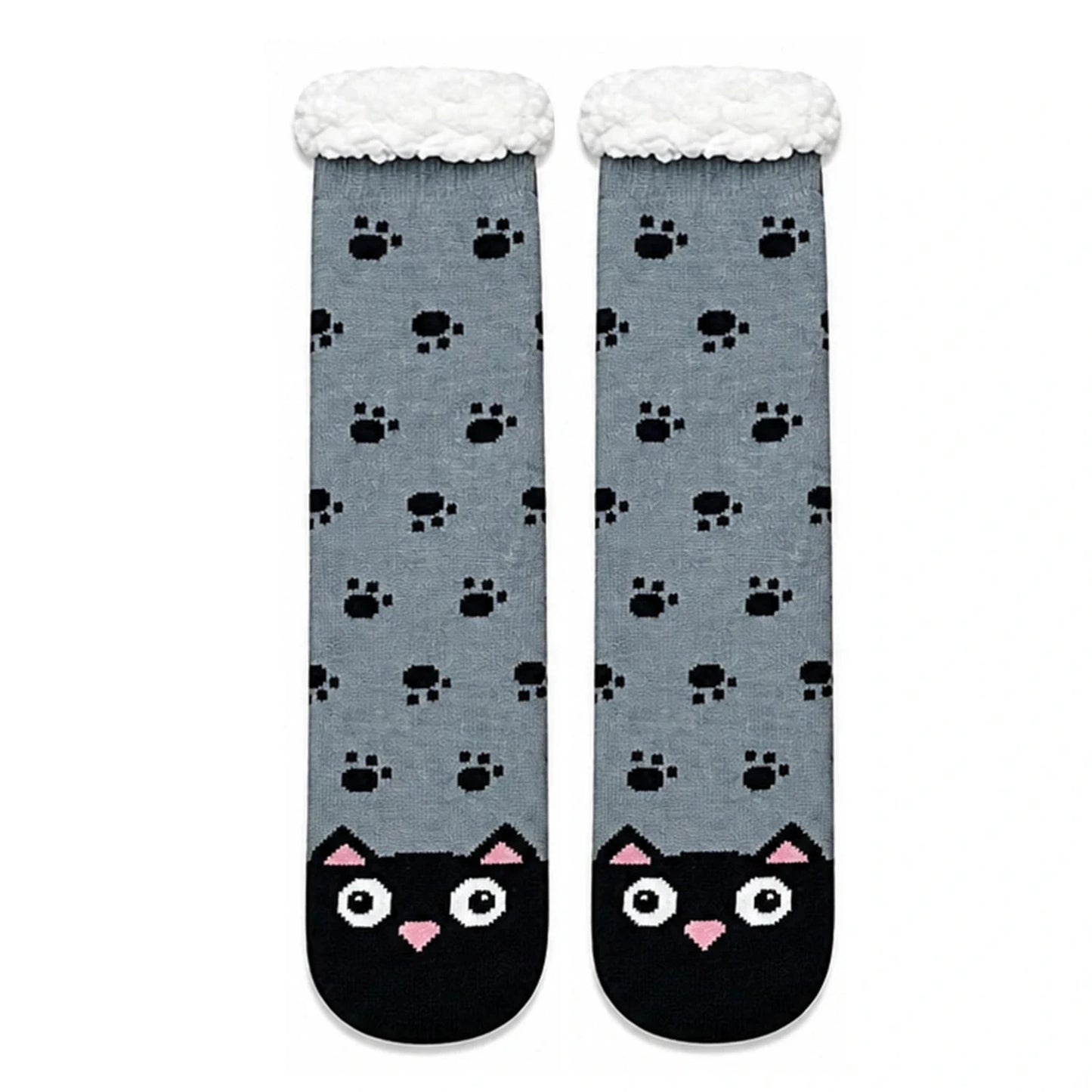 Slipper Socks | Sherpa Lined Black Cat Paw Print – Grey