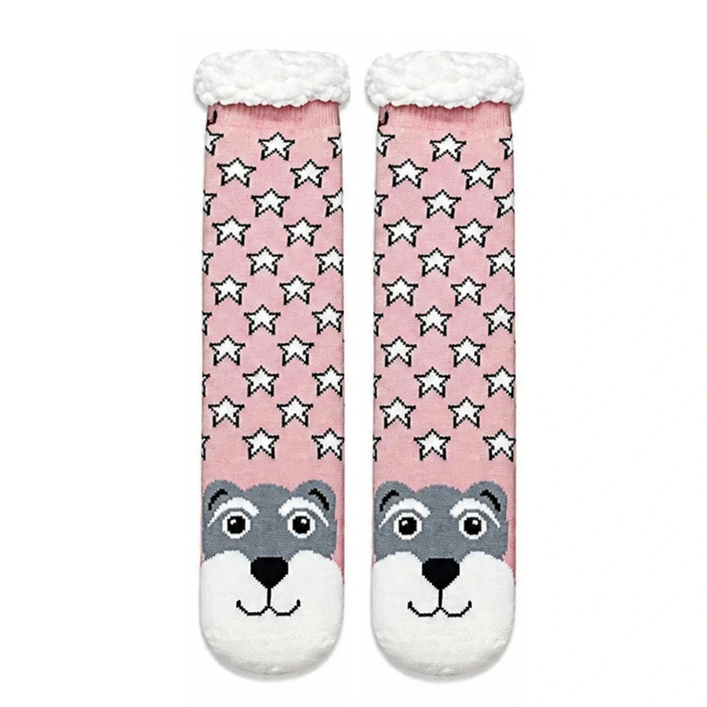 Slipper Socks | Sherpa Lined Schnauzer Star Pattern – Pink