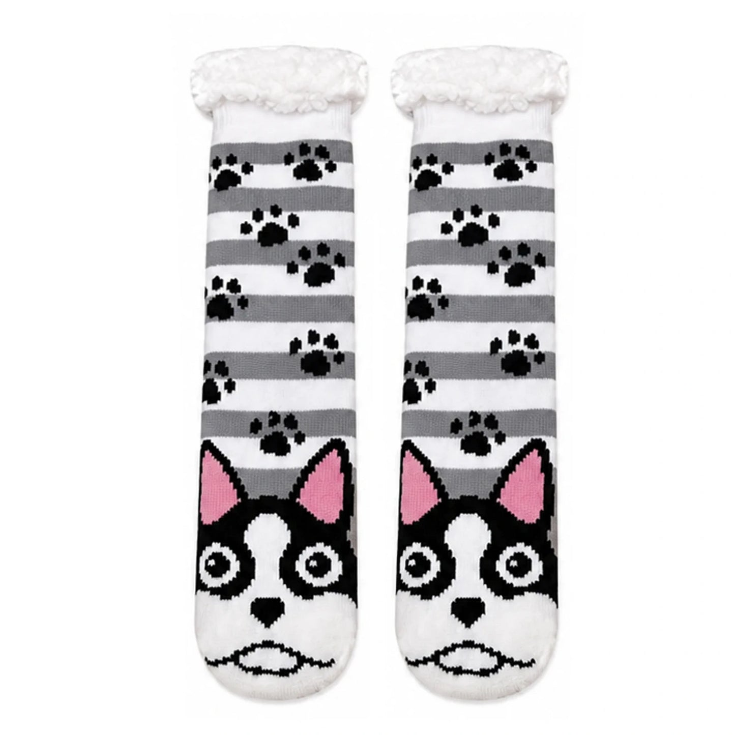 Slipper Socks | Sherpa Lined Puppy Paw Print – Grey Stripe