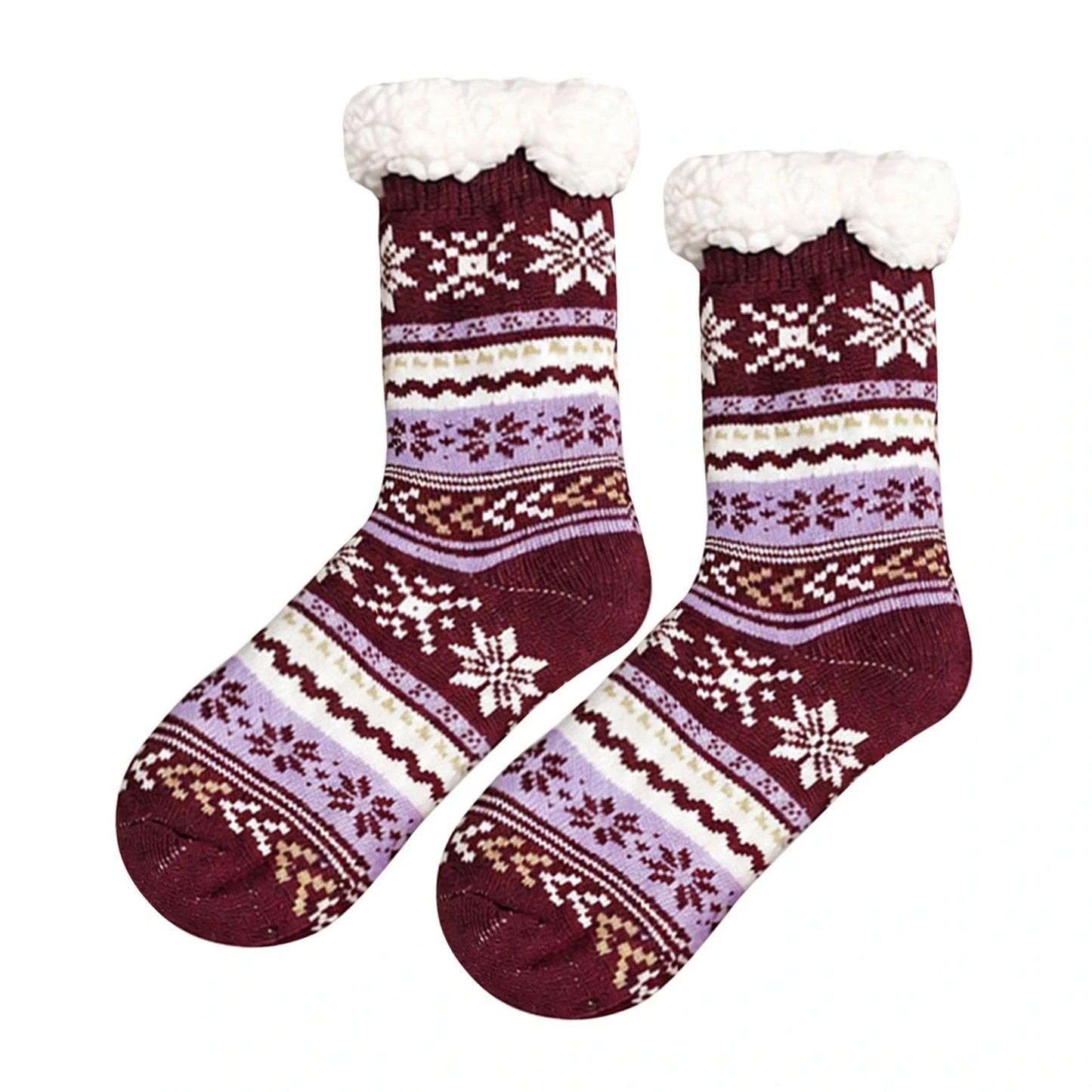 Slipper Socks | Sherpa Lined Fair Isle Snowflake – Burgundy