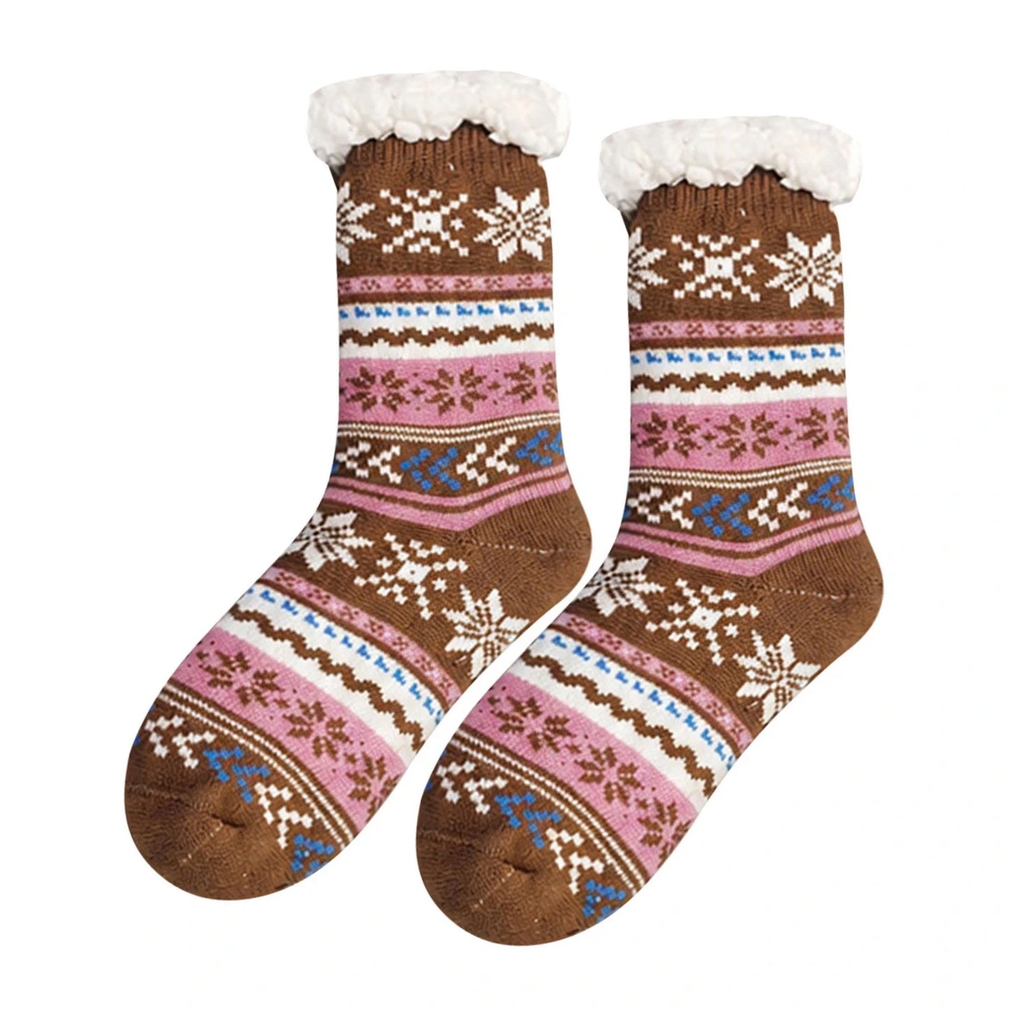 Slipper Socks | Sherpa Lined Fair Isle Snowflake – Brown
