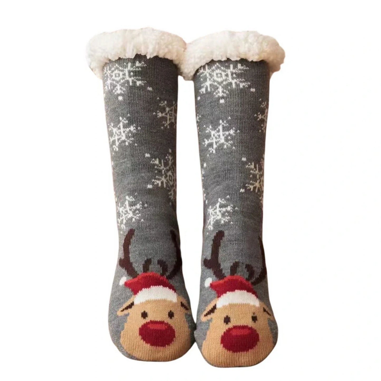 Slipper Socks | Sherpa Lined Reindeer Snowflake – Grey