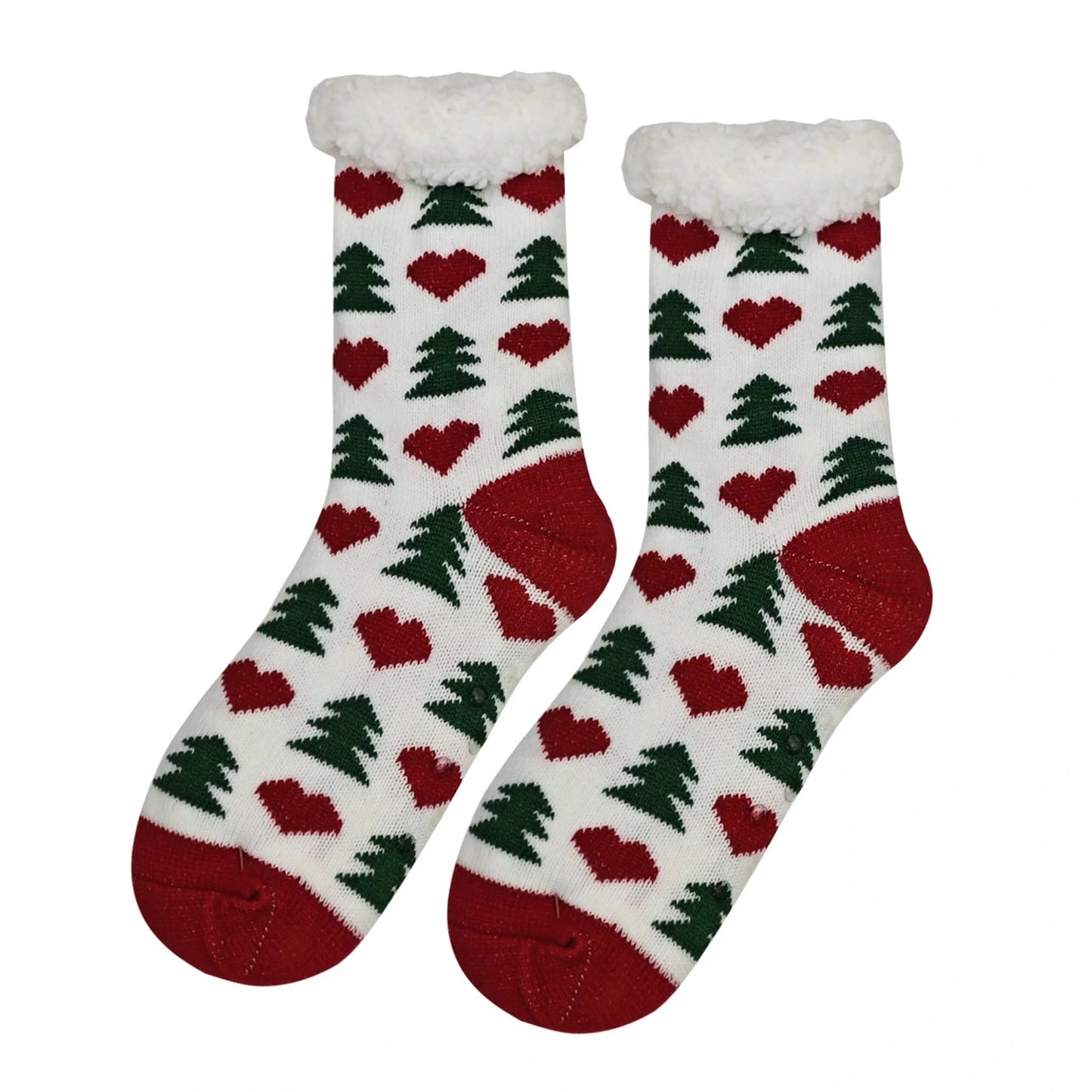 Slipper Socks | Sherpa Lined Christmas Trees & Hearts – White