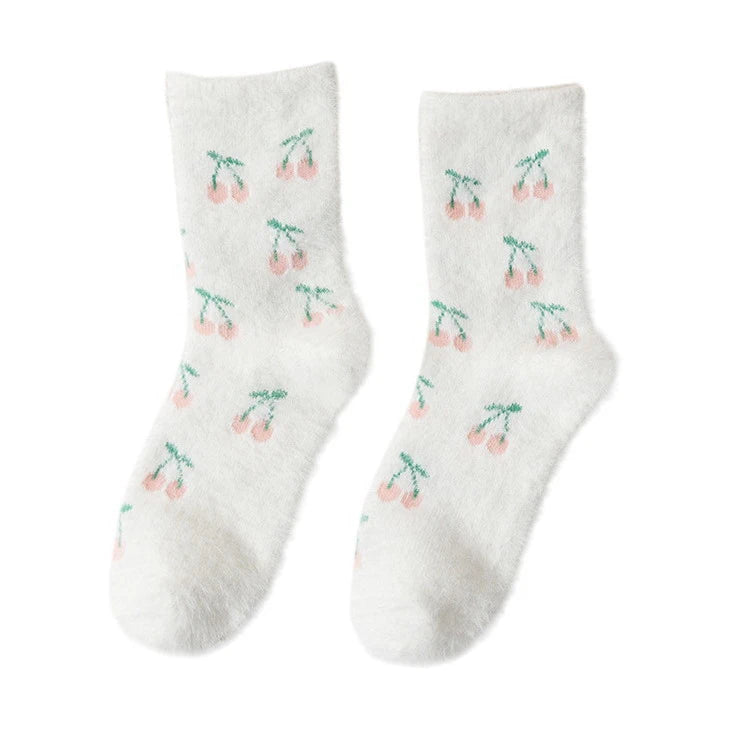 Ladies Socks | Fluffy Cherry Pattern Socks - White