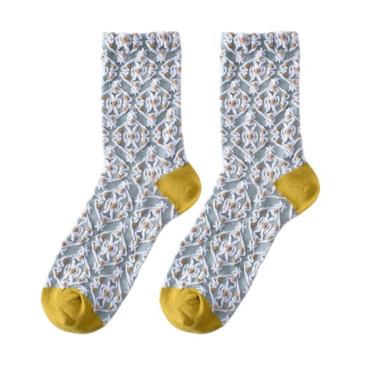 Ladies Socks | Geometric Floral Jacquard Pattern - Blue