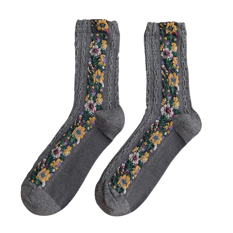 Ladies Socks | Floral Panel Texture Design - Grey