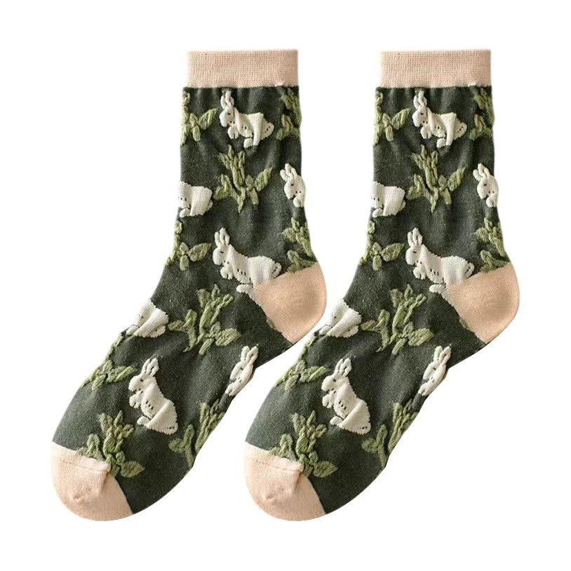 Ladies Socks | 3D Rabbit & Botanical Pattern - Green