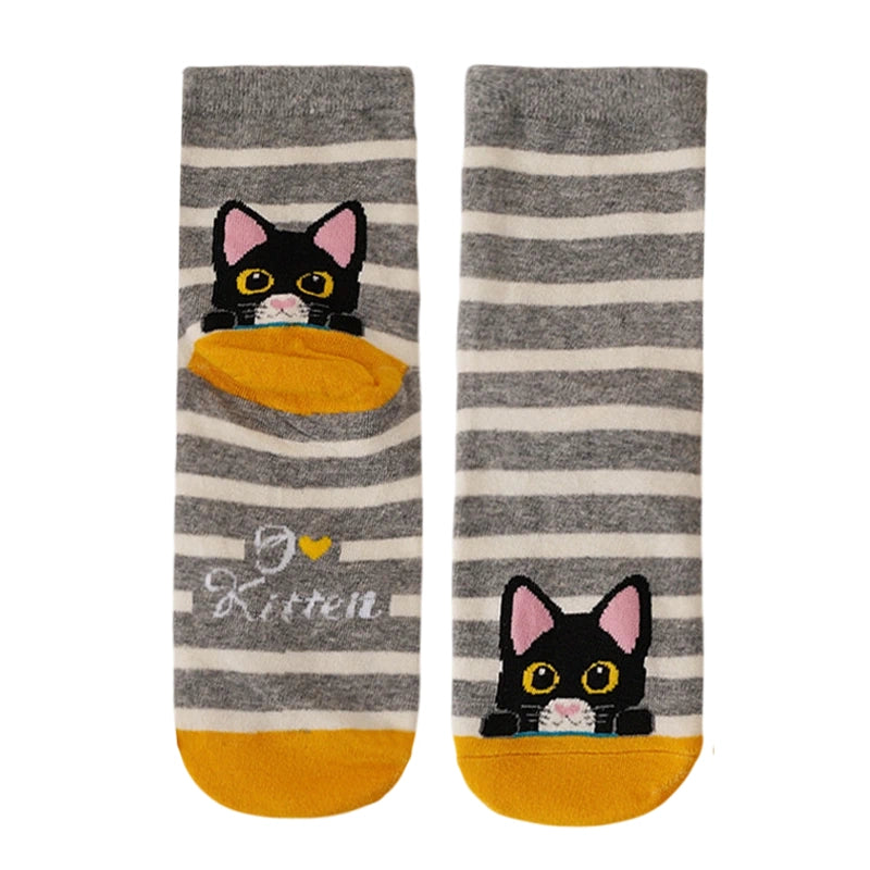 Ladies Socks | Cute Cat Pattern with Striped Background – Grey