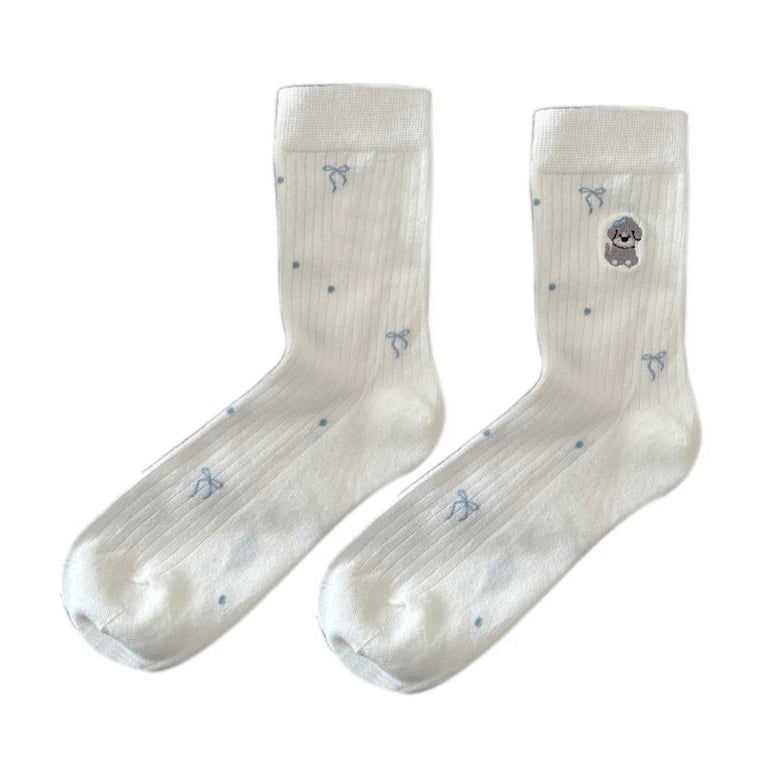 Ladies Socks | Cute Puppy Embroidery & Bow Dot Design – White