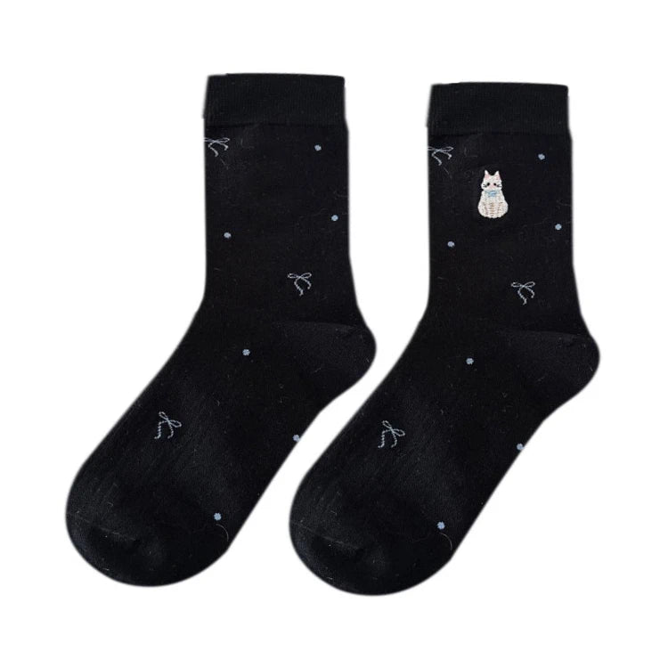 Ladies Socks | Cute Puppy Embroidery & Bow Dot Design – Black