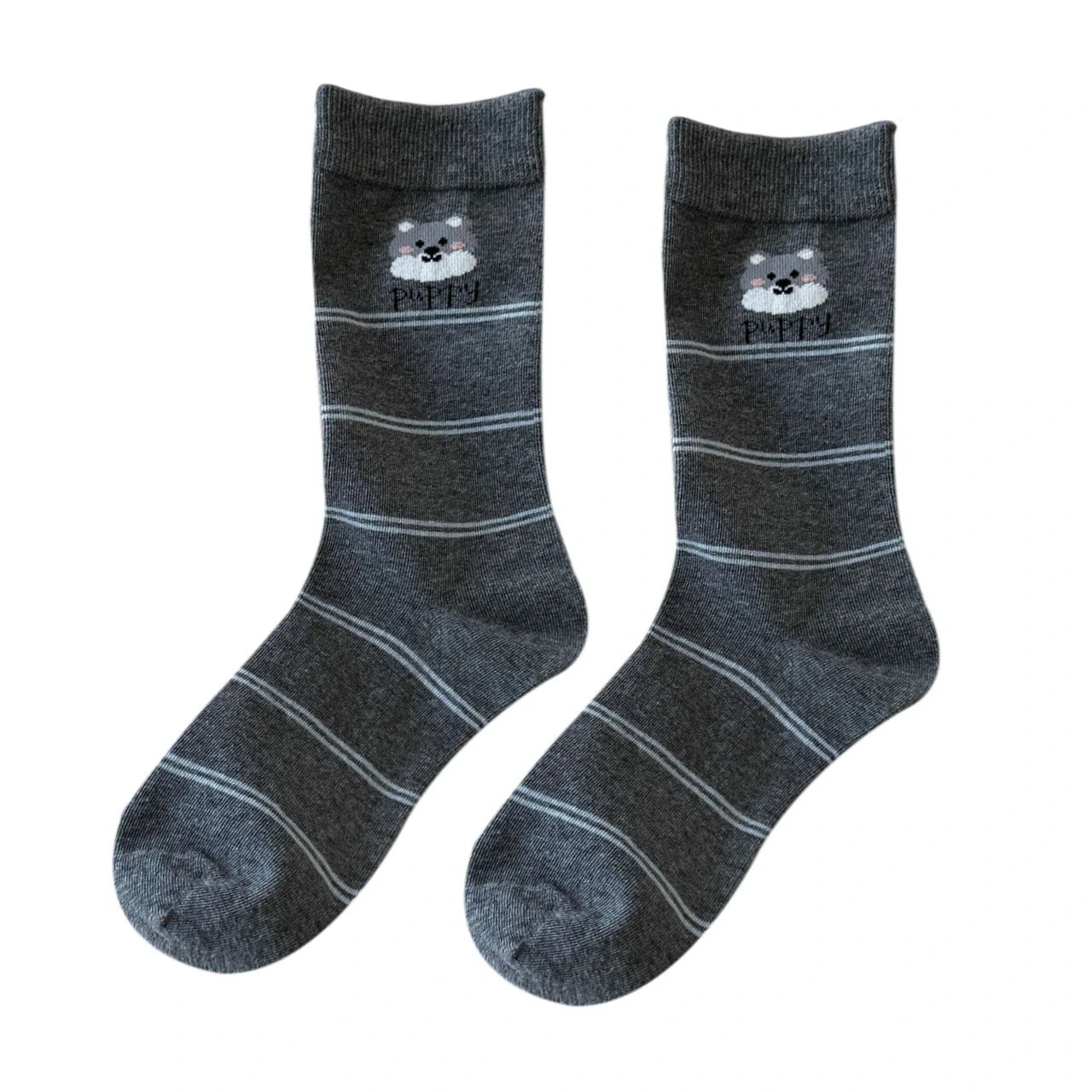 Ladies Socks | Striped Puppy Motif Crew Socks – Grey